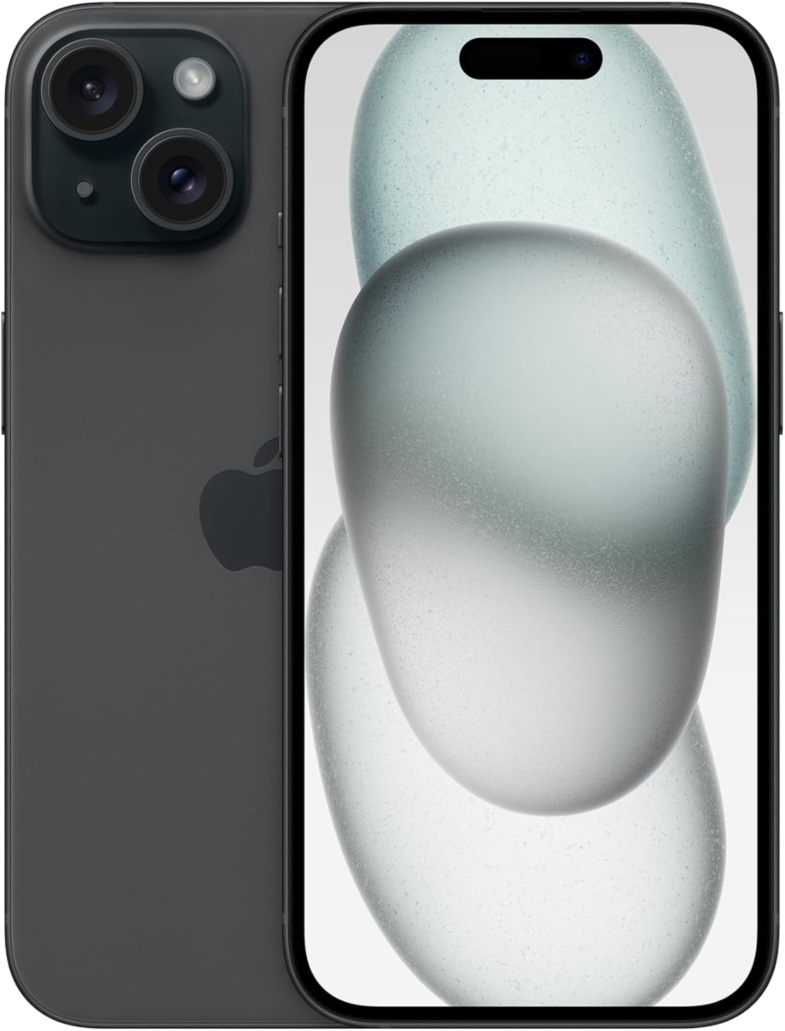 Apple iPhone 15 128GB in black finish, sleek pocket-size smartphone with Dynamic Island display — view 5b