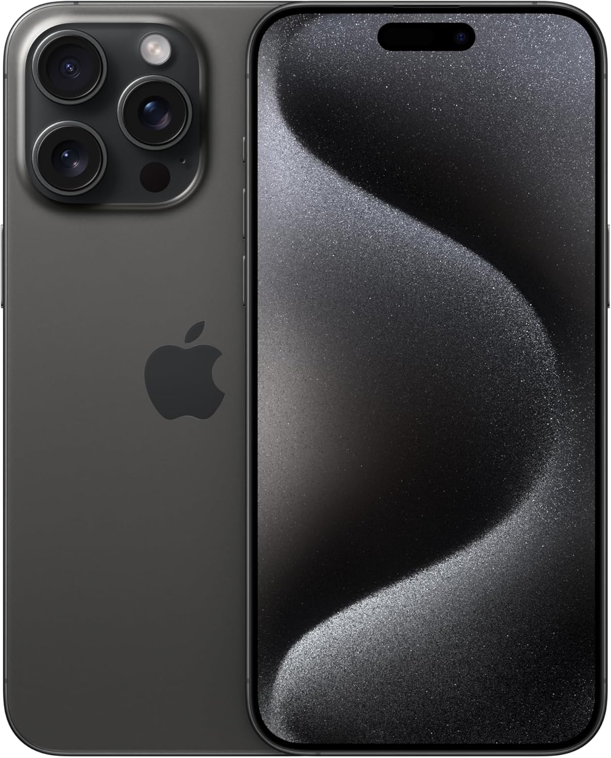 iPhone 15 Pro Max in Black Titanium finish, front and back view showing premium design and camera system โ front