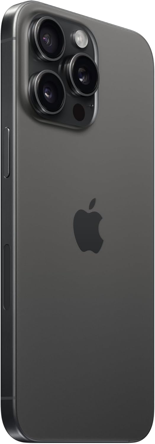 iPhone 15 Pro Max in Black Titanium finish, front and back view showing premium design and camera system โ side