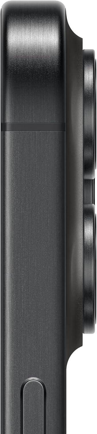 iPhone 15 Pro Max in Black Titanium finish, front and back view showing premium design and camera system โ back