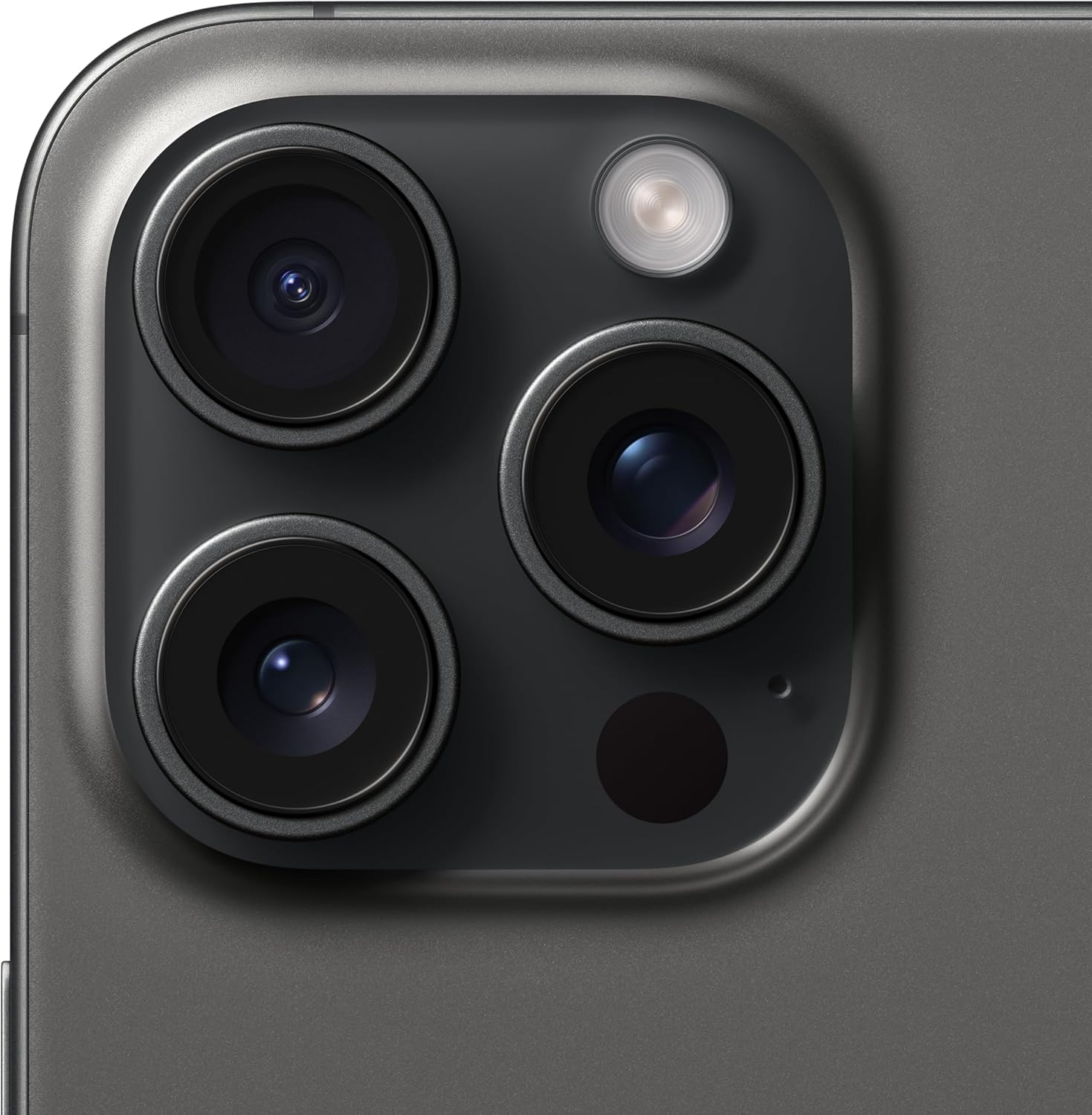 iPhone 15 Pro Max in Black Titanium finish, front and back view showing premium design and camera system โ detail