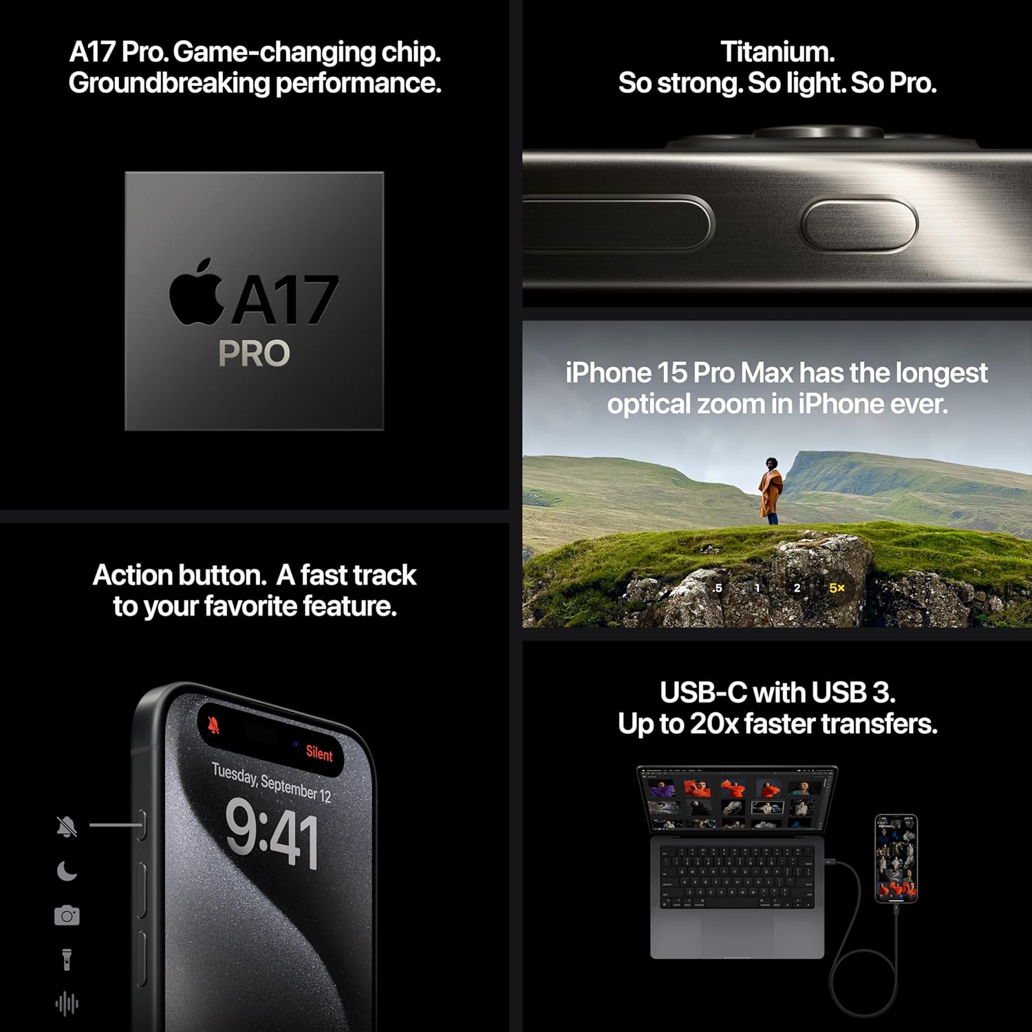 iPhone 15 Pro Max in Black Titanium finish, front and back view showing premium design and camera system โ view 3