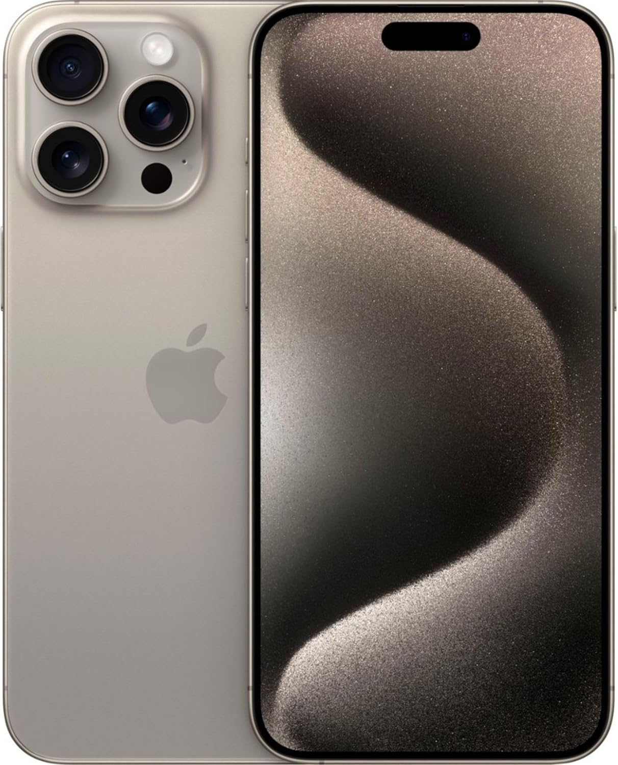 iPhone 15 Pro Max in Black Titanium finish, front and back view showing premium design and camera system โ view 5a