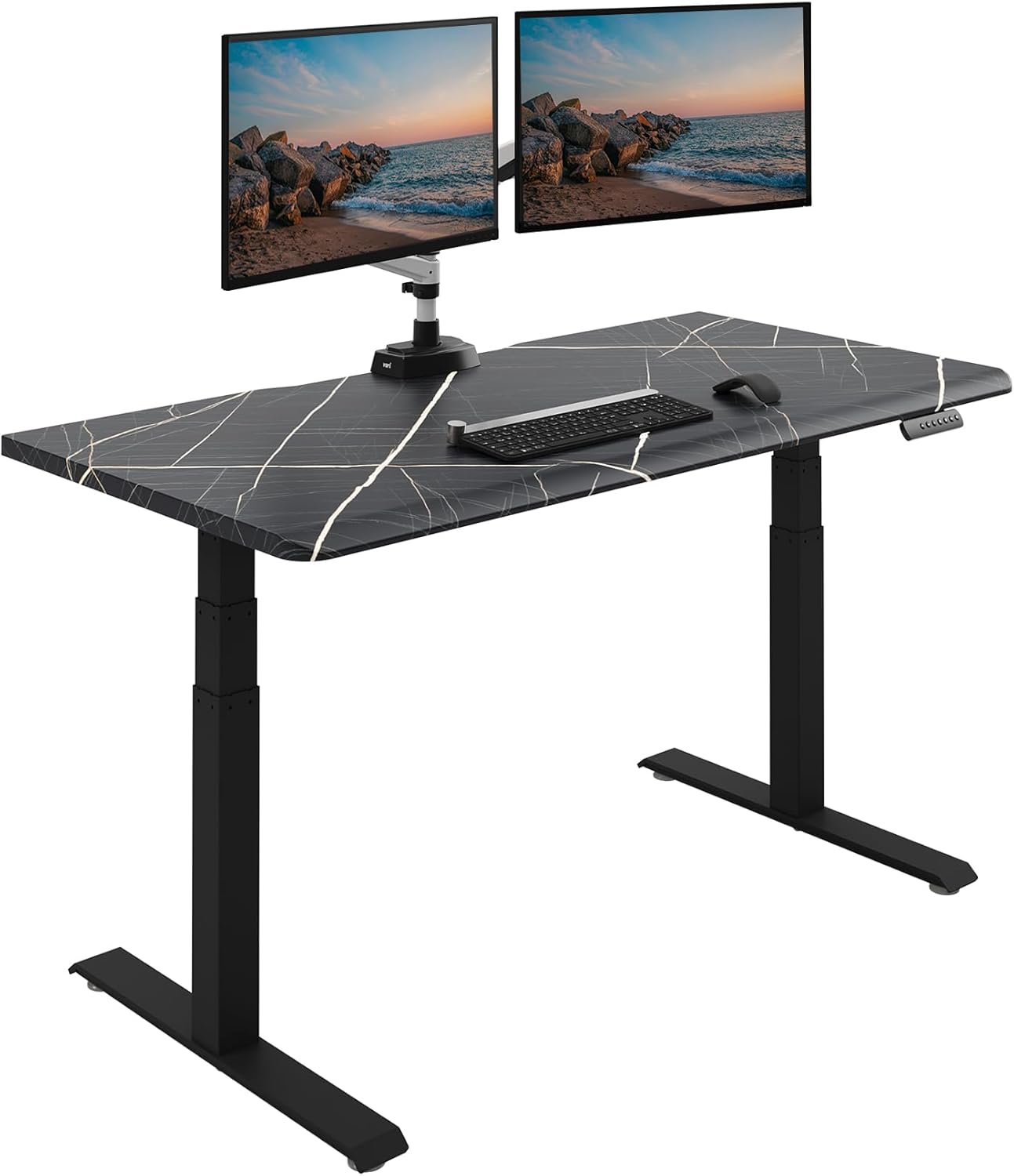 Large black electric standing desk with height-adjustable frame and sloped edge design — view 3a