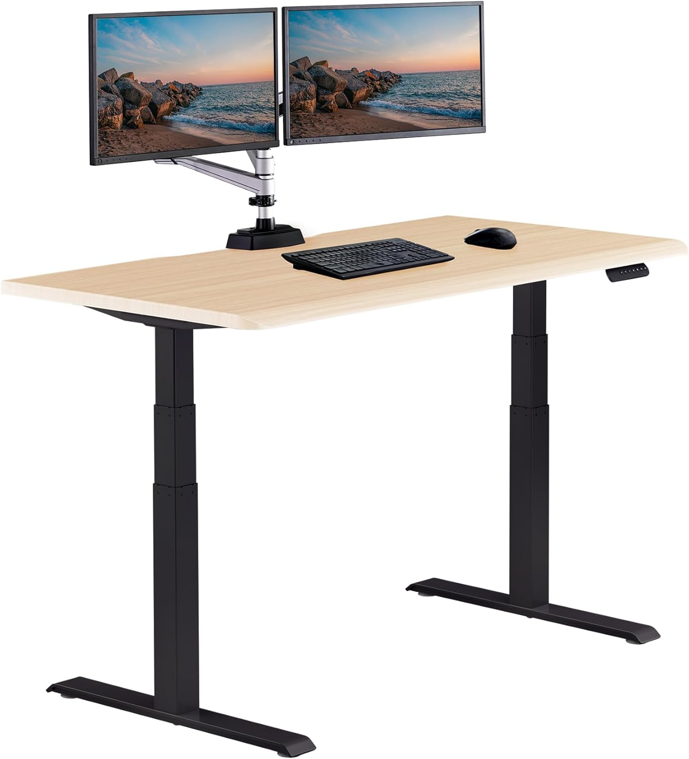 Large black electric standing desk with height-adjustable frame and sloped edge design — view 5a