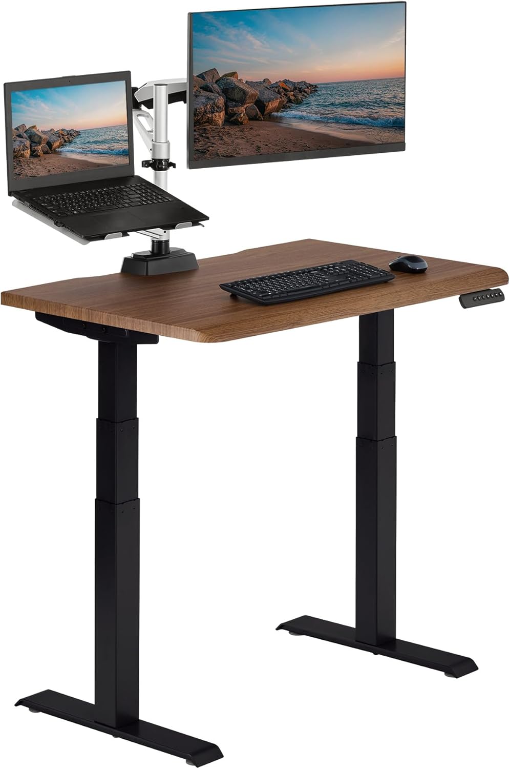 Large black electric standing desk with height-adjustable frame and sloped edge design — view 6