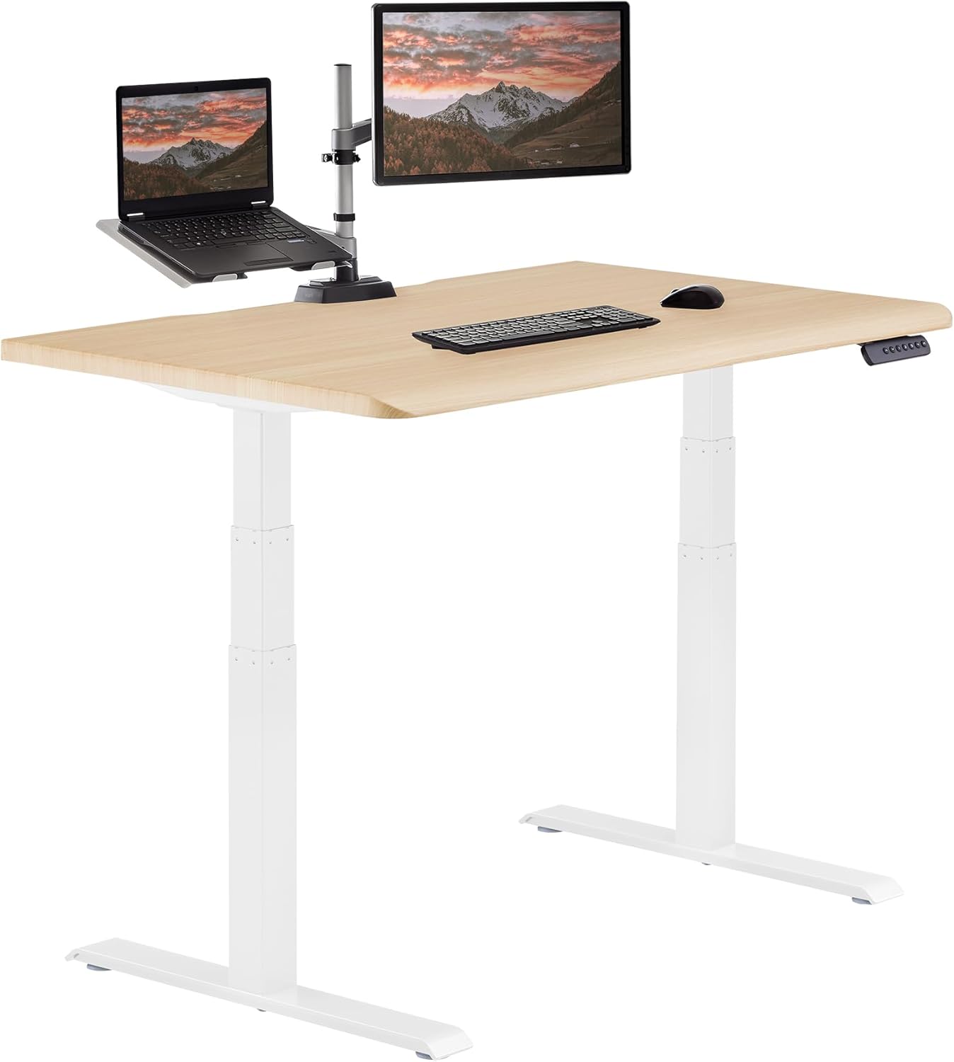 Large black electric standing desk with height-adjustable frame and sloped edge design — view 7a