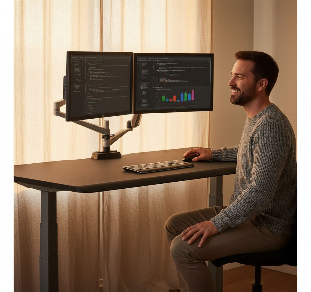 Large black electric standing desk with height-adjustable frame and sloped edge design — view 1