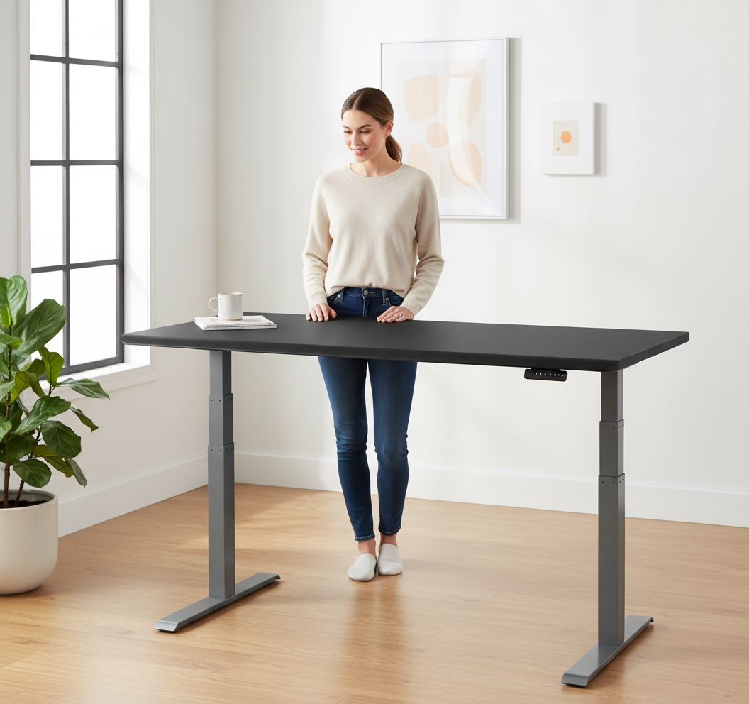 Large black electric standing desk with height-adjustable frame and sloped edge design — view 2
