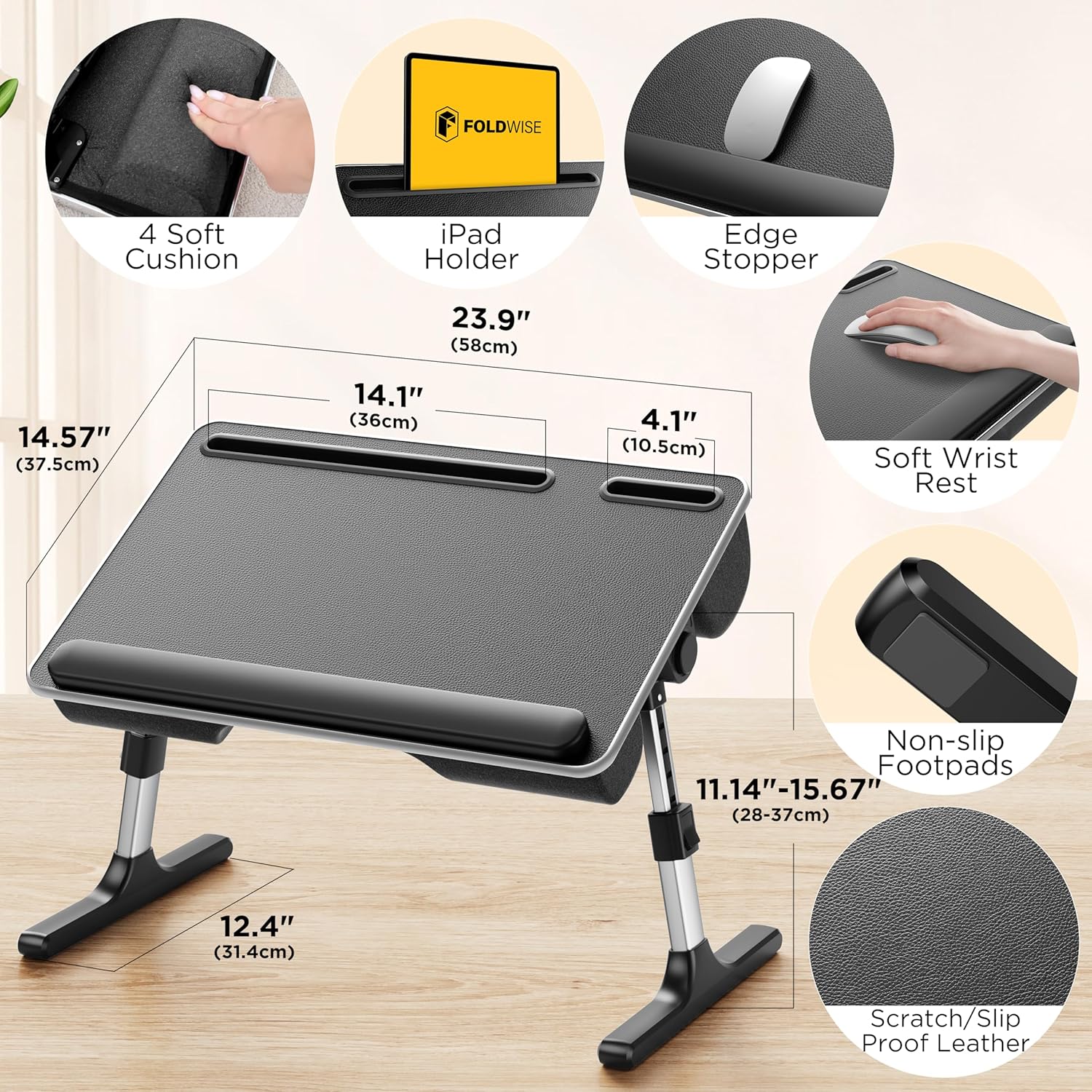 Adjustable foldable lap desk with soft cushions, wrist rest, and non-slip leather base in [color] — view 2