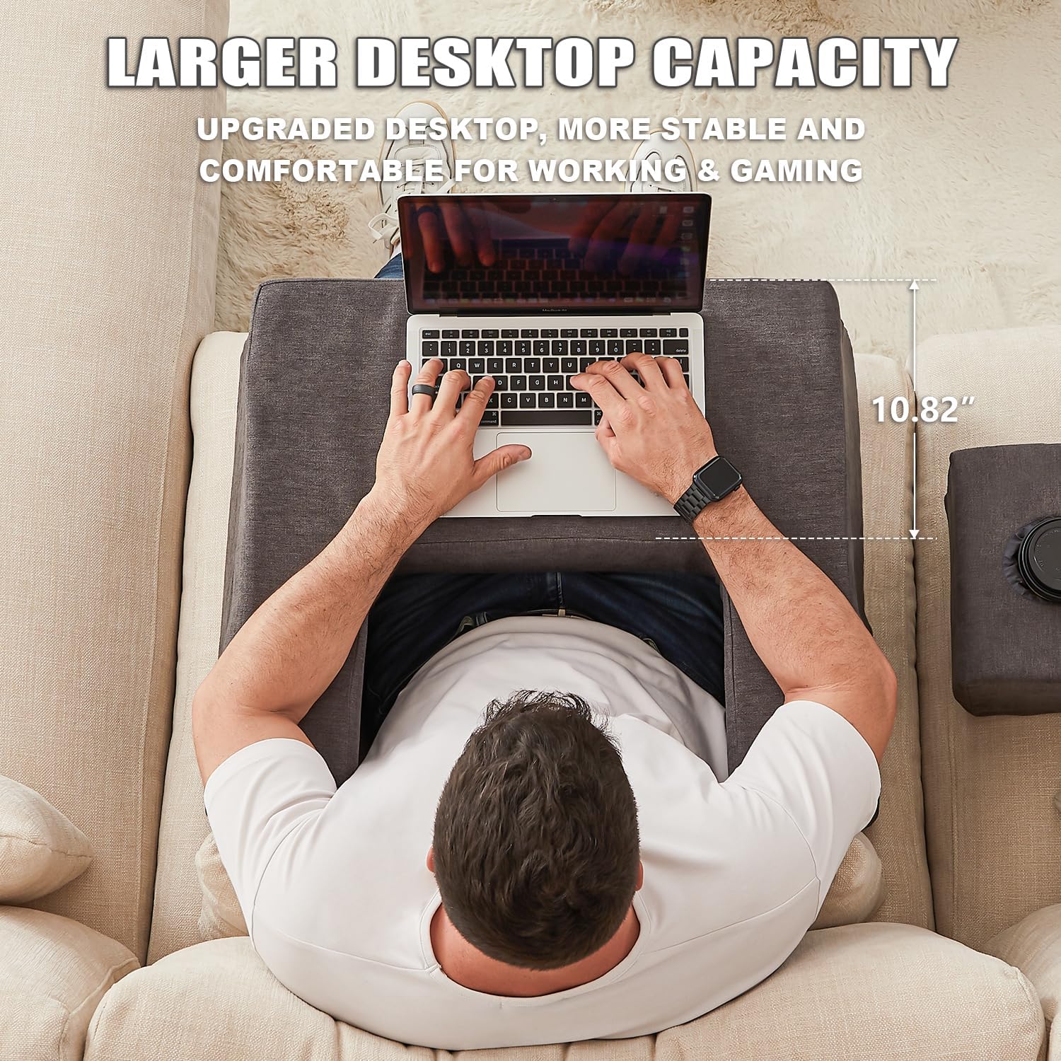 Grey memory foam lap desk pillow with cup holder and arm rest support — side