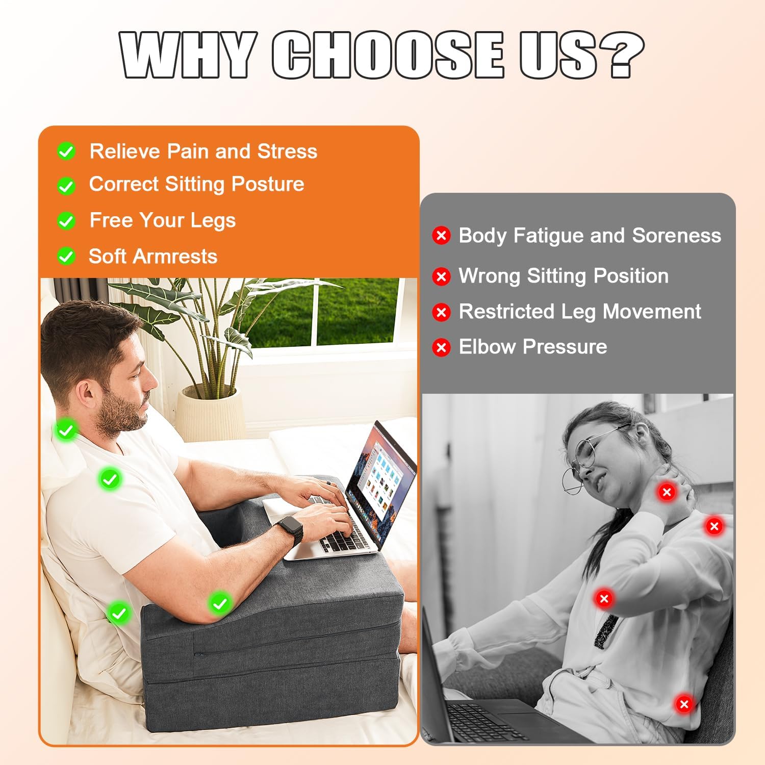 Grey memory foam lap desk pillow with cup holder and arm rest support — back