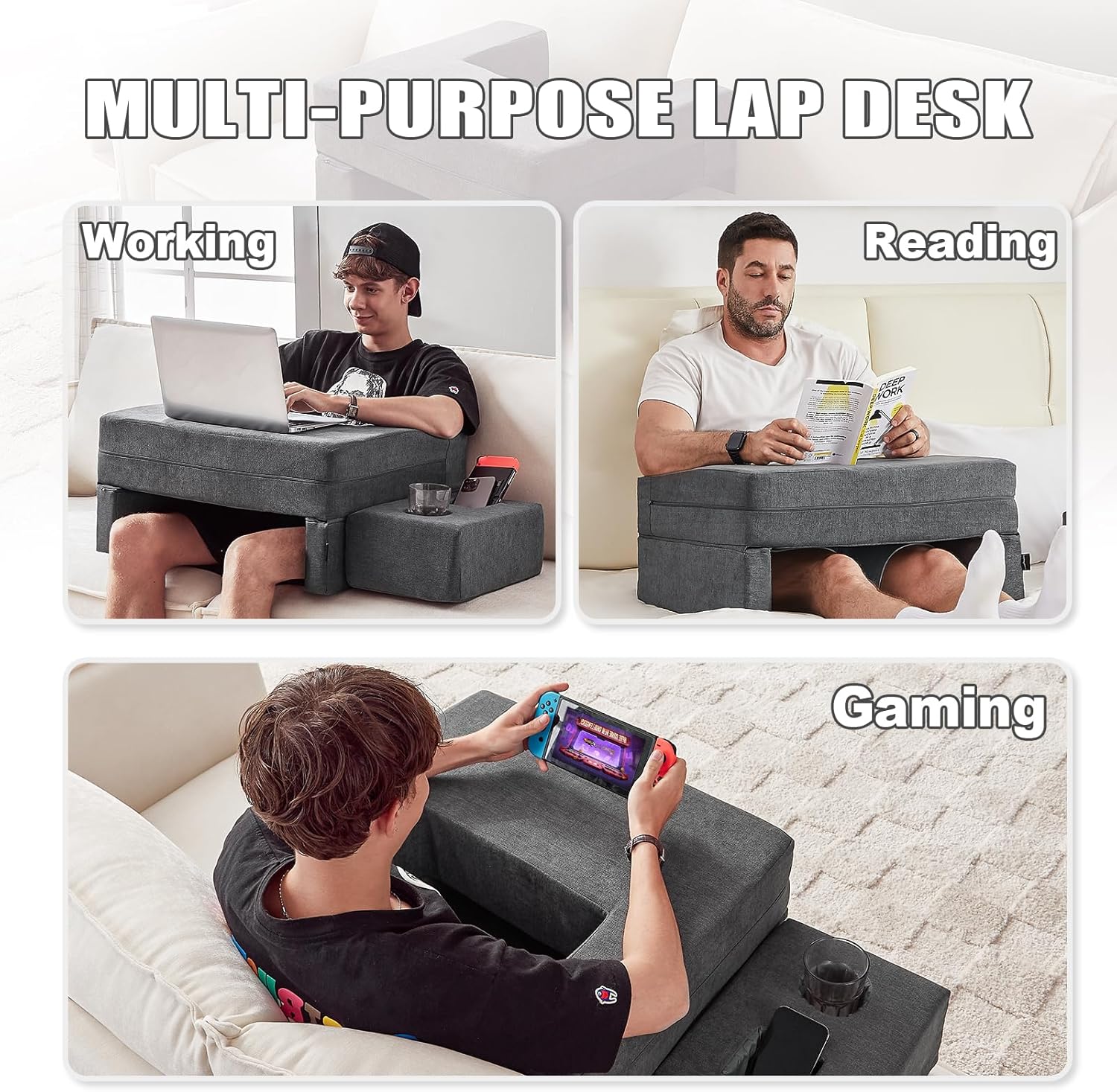 Grey memory foam lap desk pillow with cup holder and arm rest support — detail