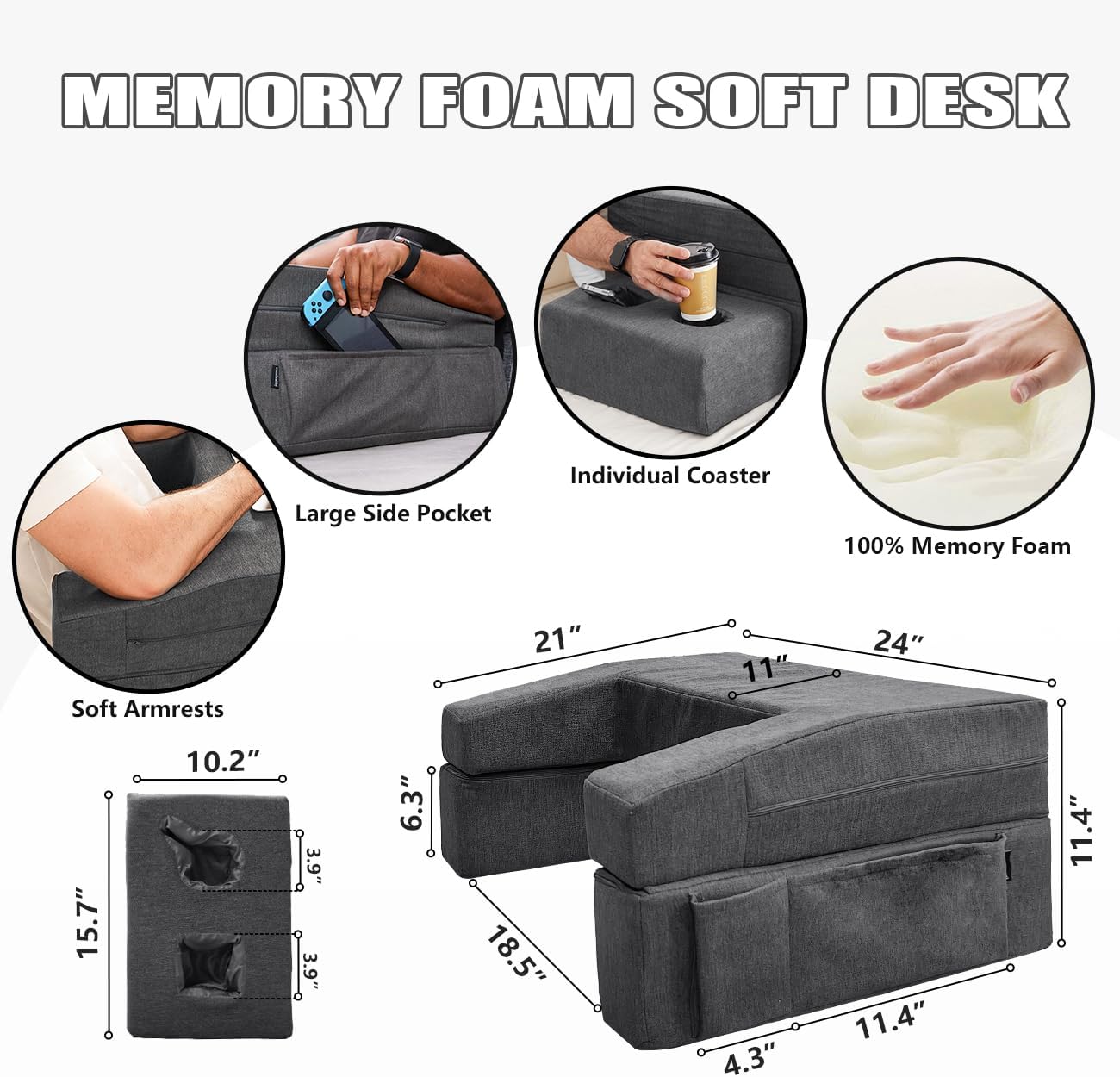 Grey memory foam lap desk pillow with cup holder and arm rest support — view 2