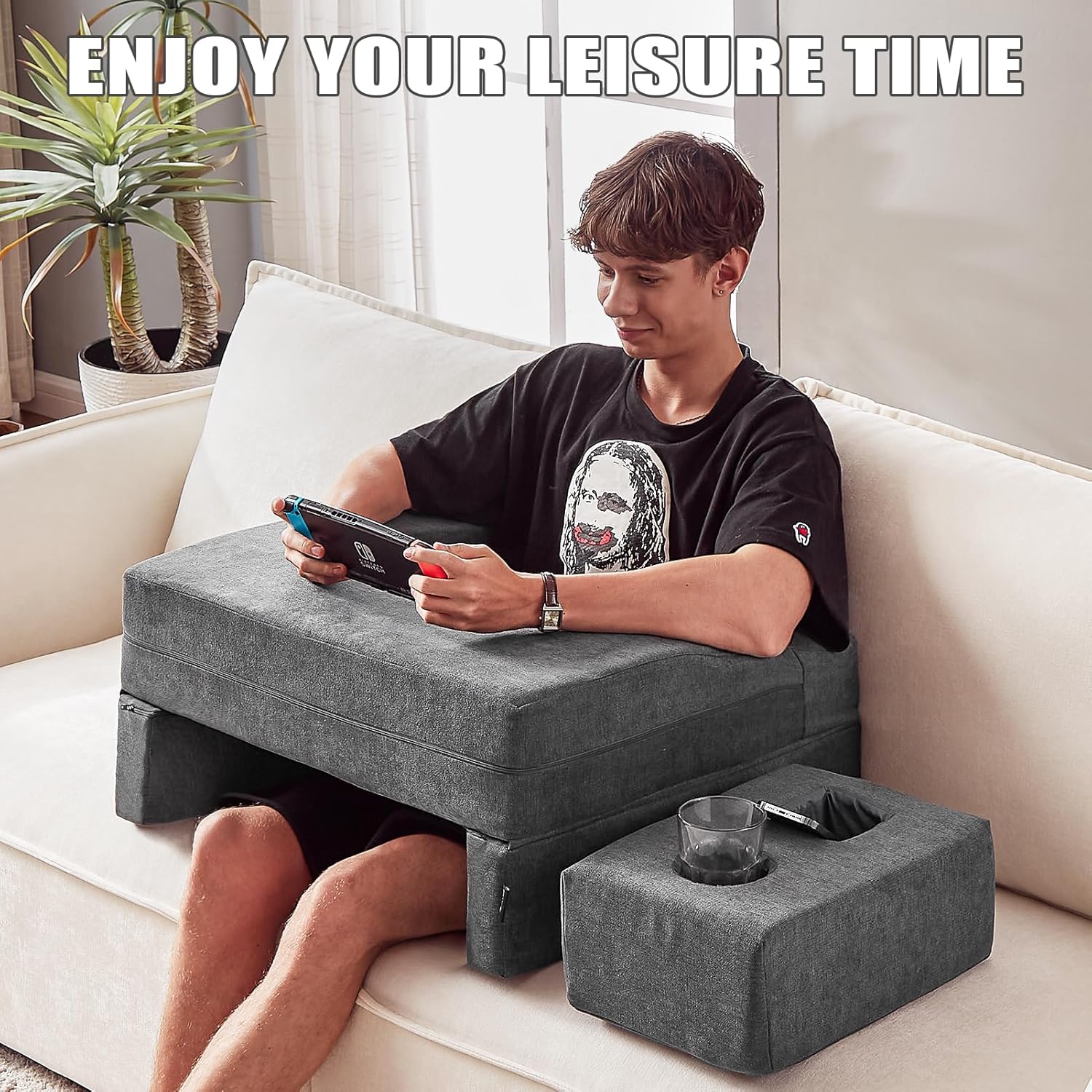 Grey memory foam lap desk pillow with cup holder and arm rest support — view 3