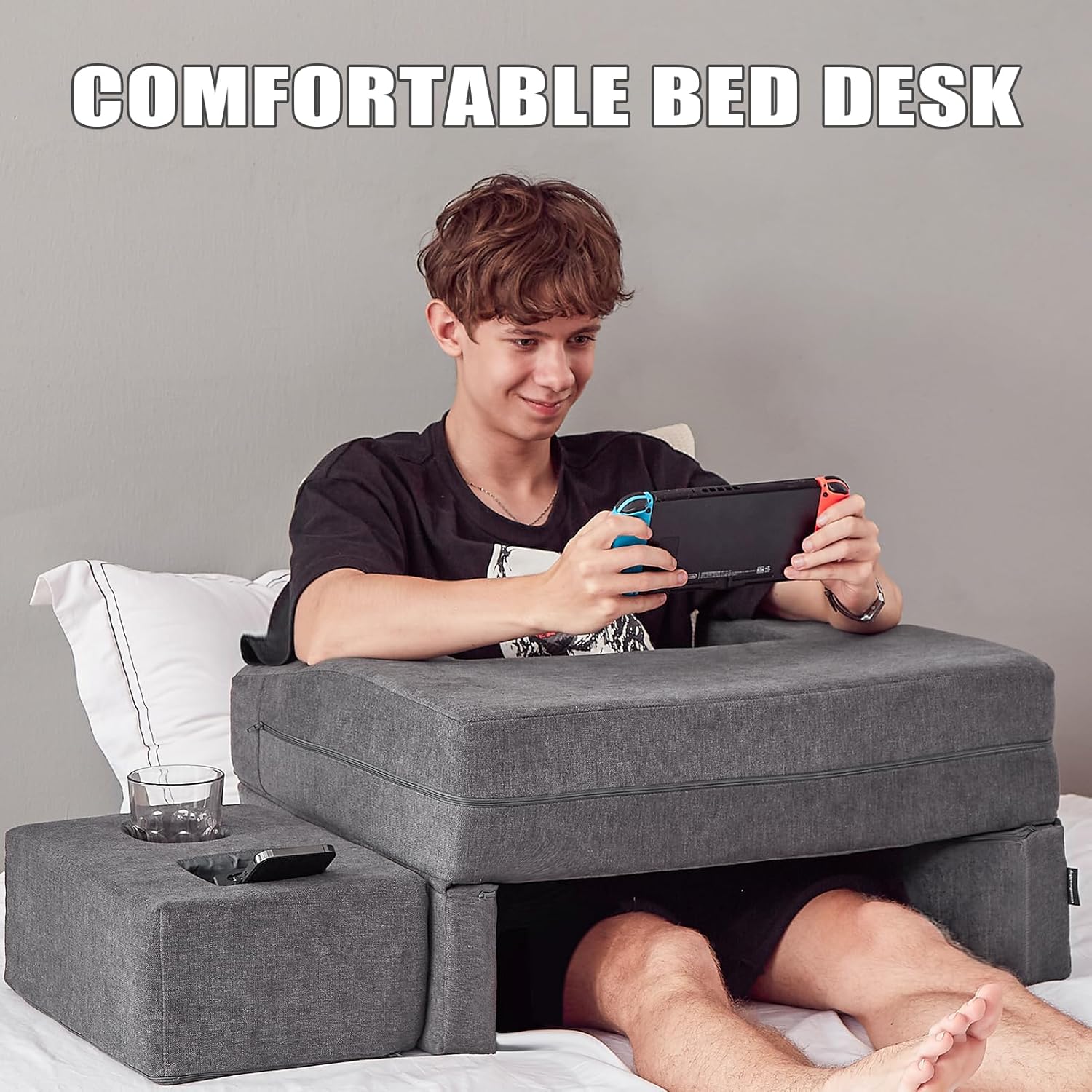 Grey memory foam lap desk pillow with cup holder and arm rest support — view 4