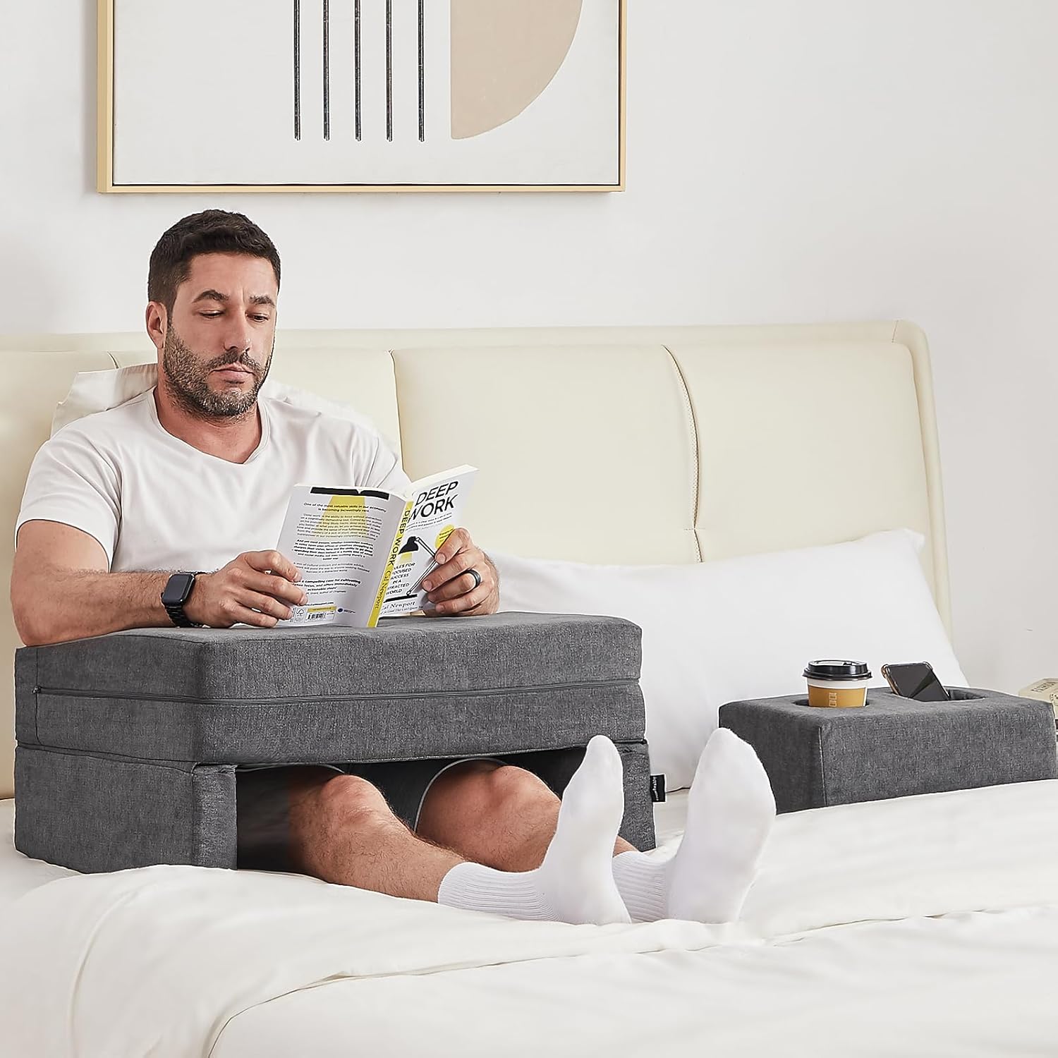 Grey memory foam lap desk pillow with cup holder and arm rest support — view 5
