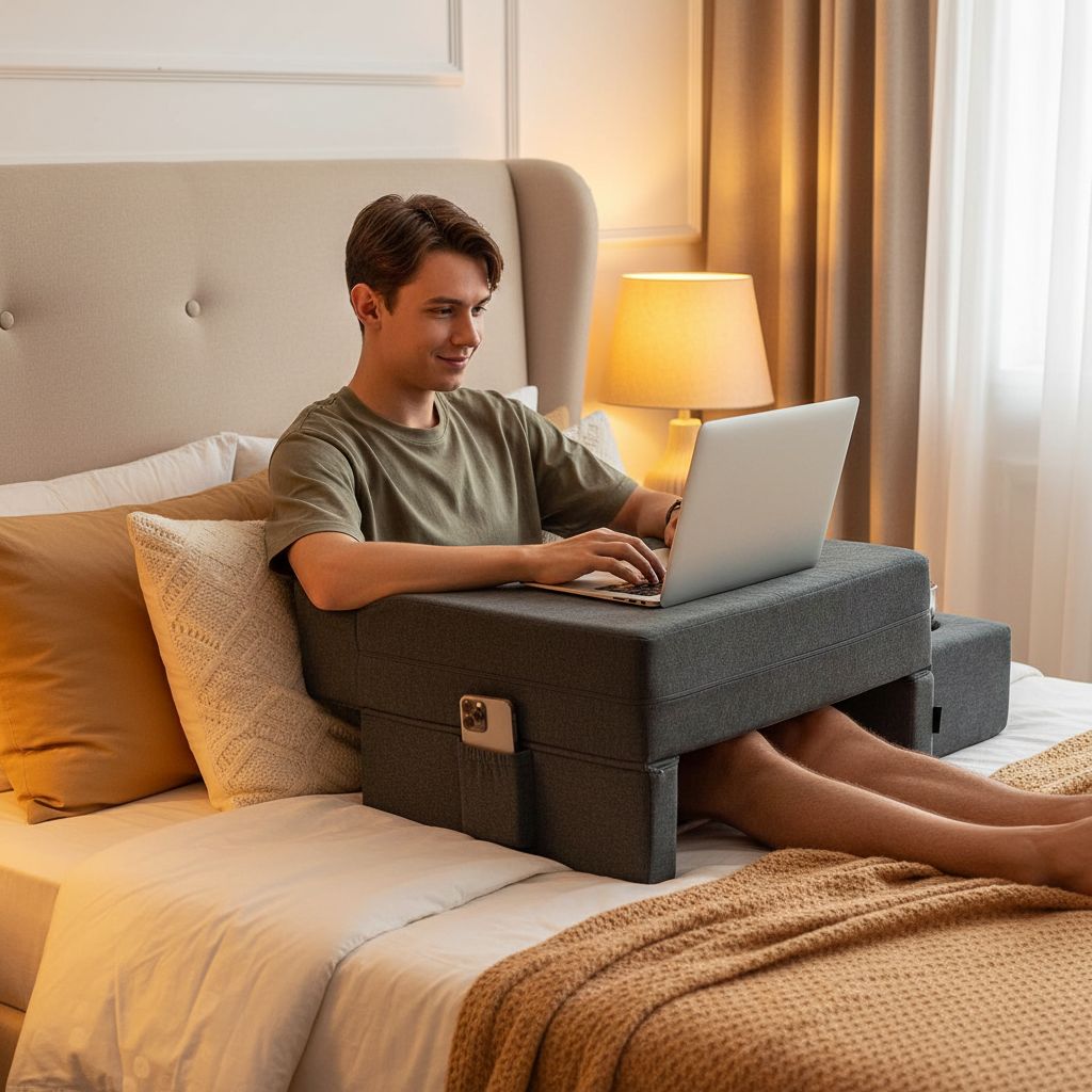 Grey memory foam lap desk pillow with cup holder and arm rest support — view 2