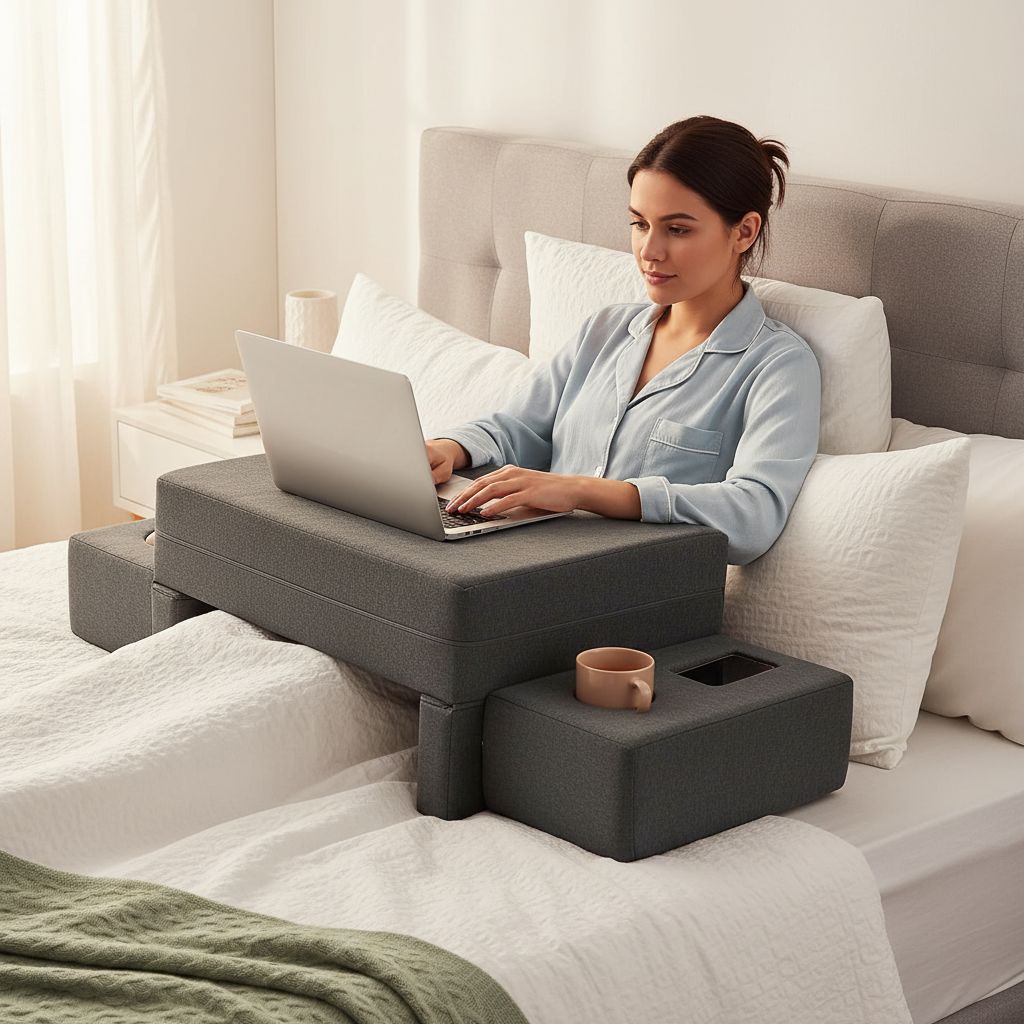 Grey memory foam lap desk pillow with cup holder and arm rest support — view 3a