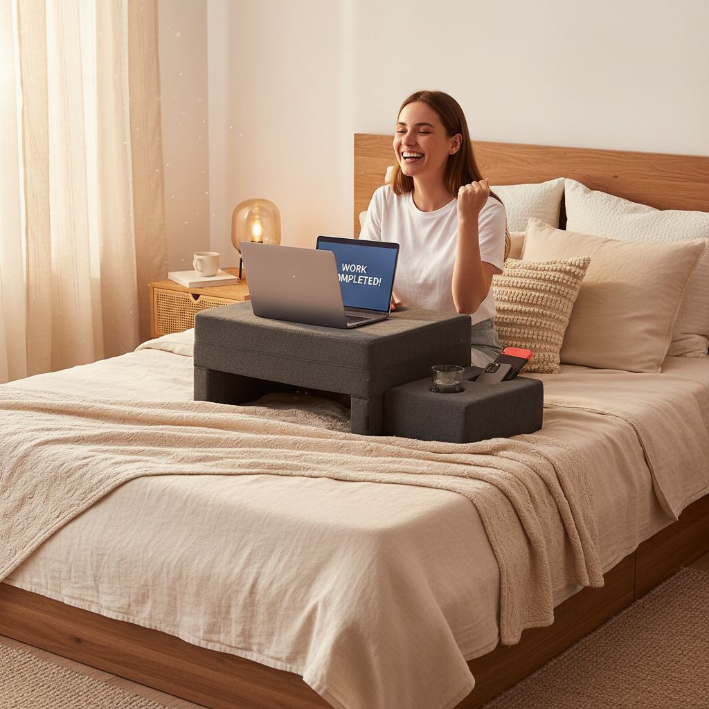 Grey memory foam lap desk pillow with cup holder and arm rest support — view 3b
