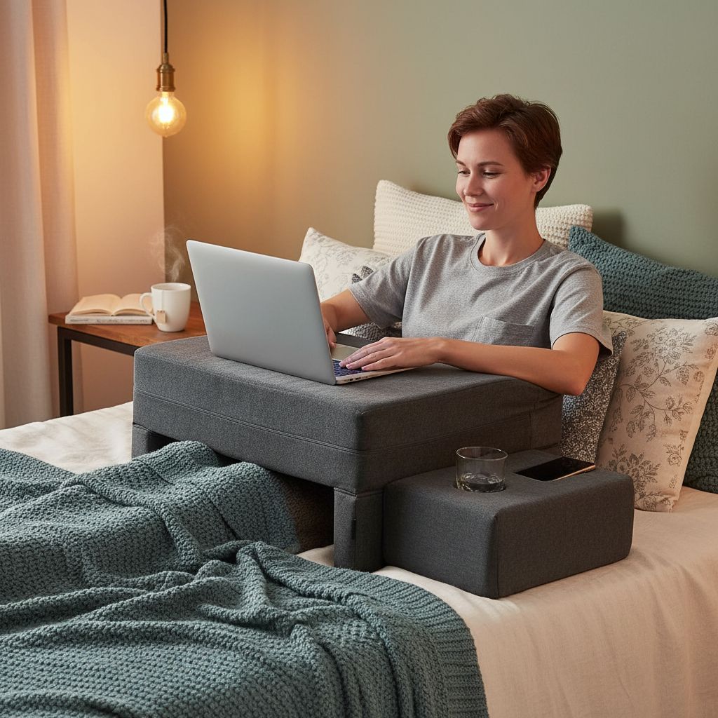 Grey memory foam lap desk pillow with cup holder and arm rest support — view 4