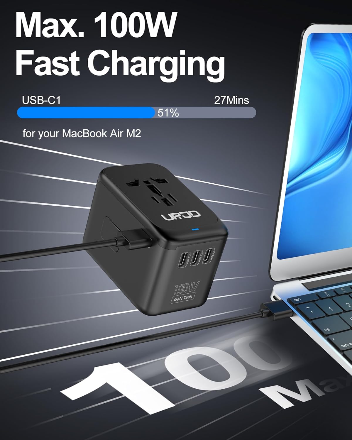 Universal travel adapter with GaN fast charging, multiple USB ports and AC outlet, silver finish — view 2