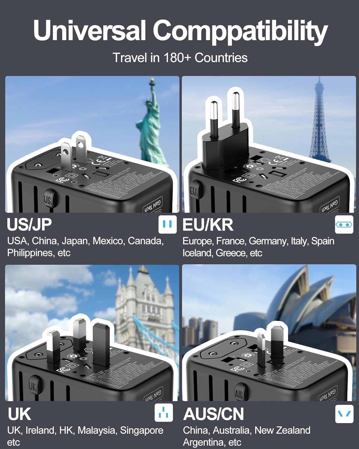 Universal travel adapter with GaN fast charging, multiple USB ports and AC outlet, silver finish — view 3