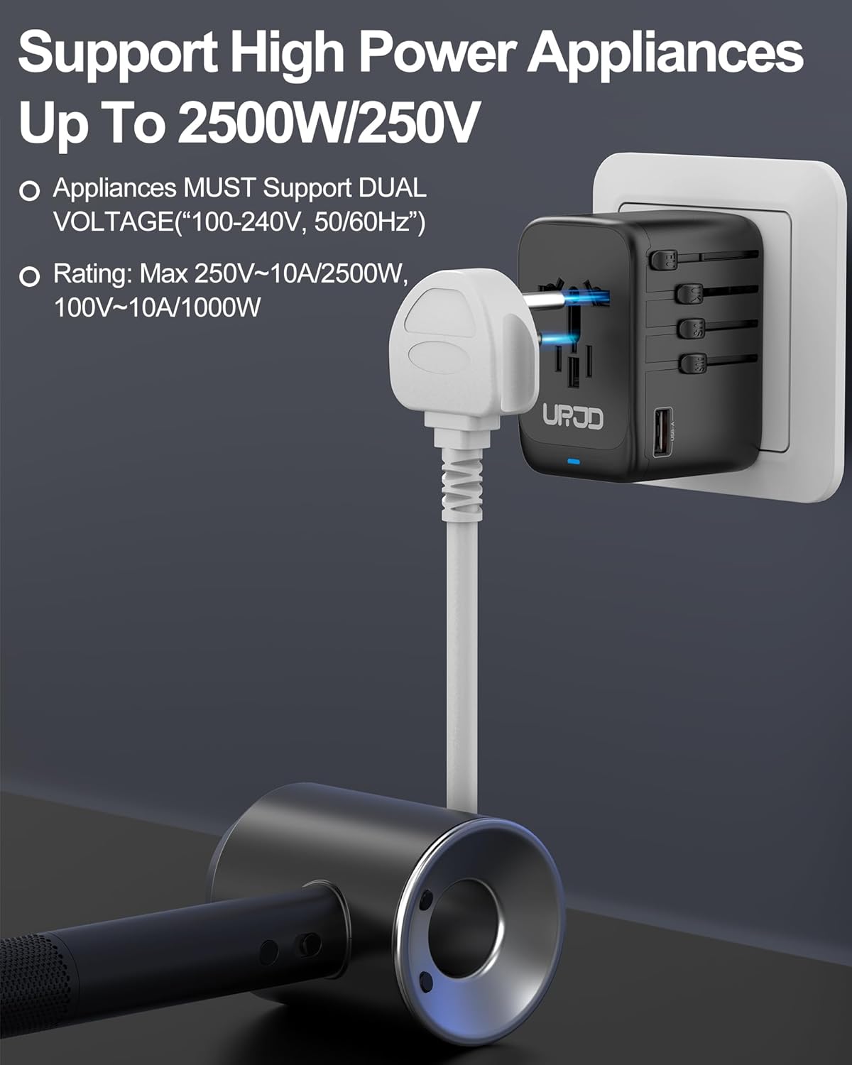 Universal travel adapter with GaN fast charging, multiple USB ports and AC outlet, silver finish — view 2
