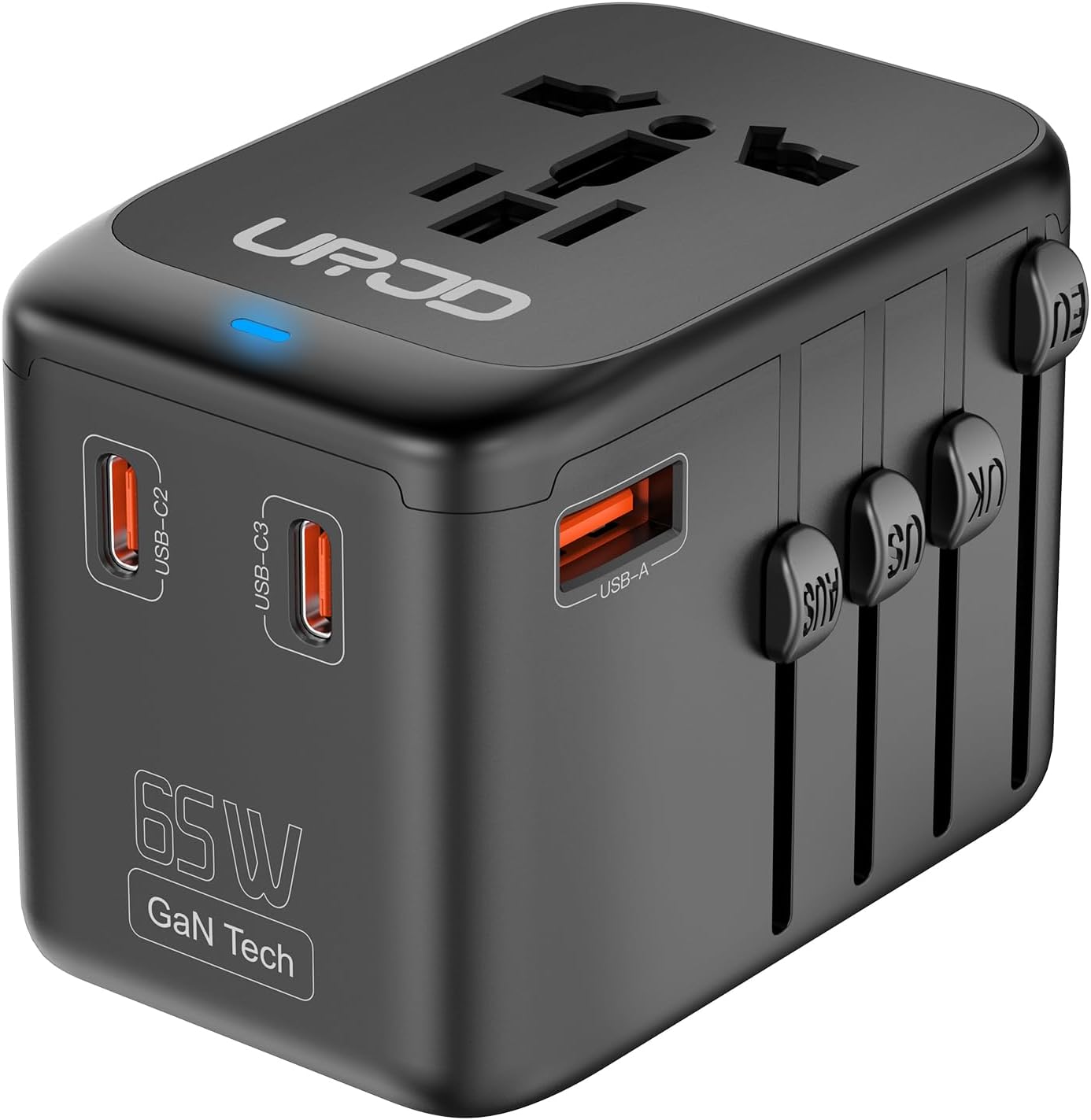 Universal travel adapter with GaN fast charging, multiple USB ports and AC outlet, silver finish — view 3a