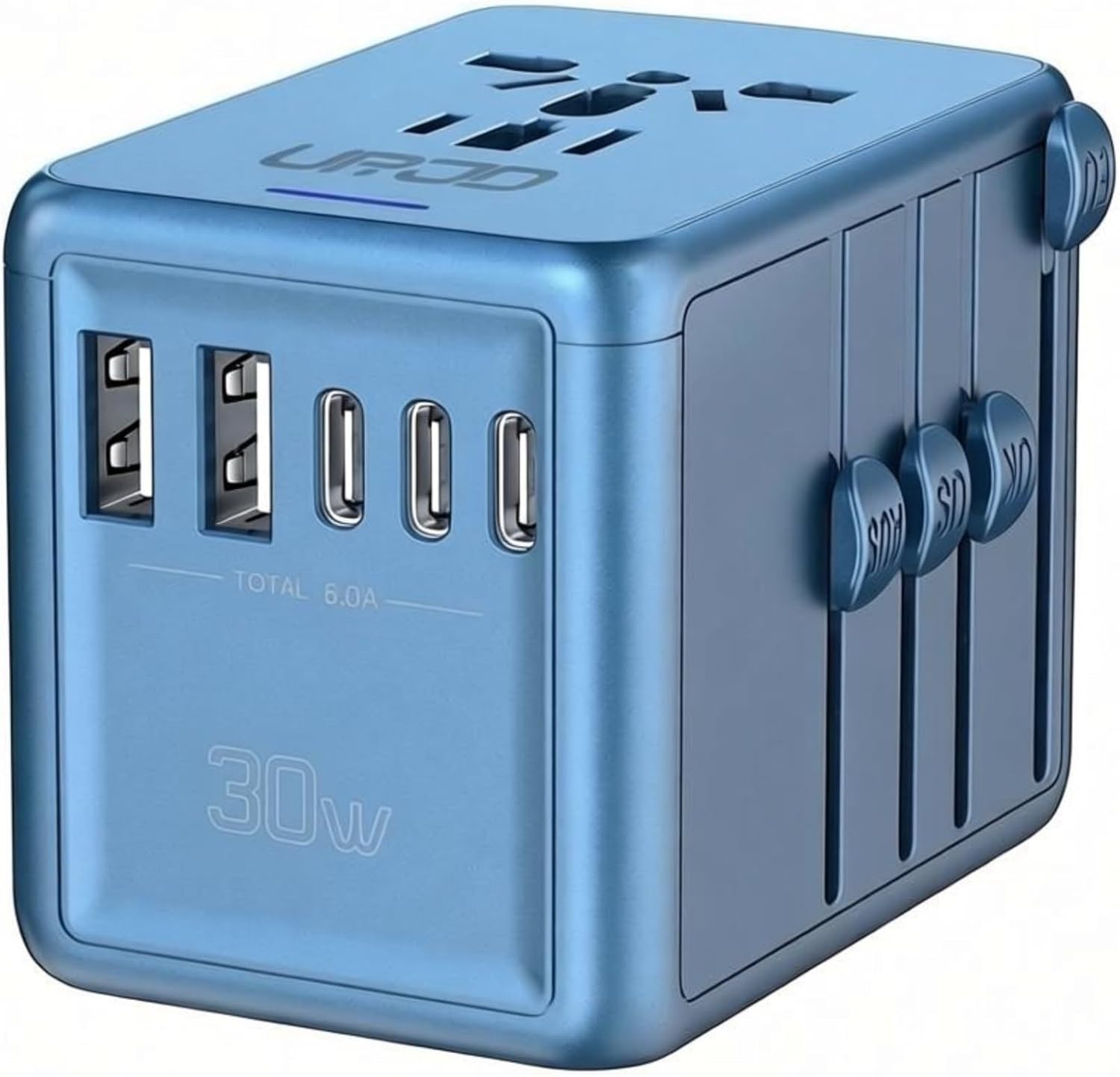 Universal travel adapter with GaN fast charging, multiple USB ports and AC outlet, silver finish — view 3b
