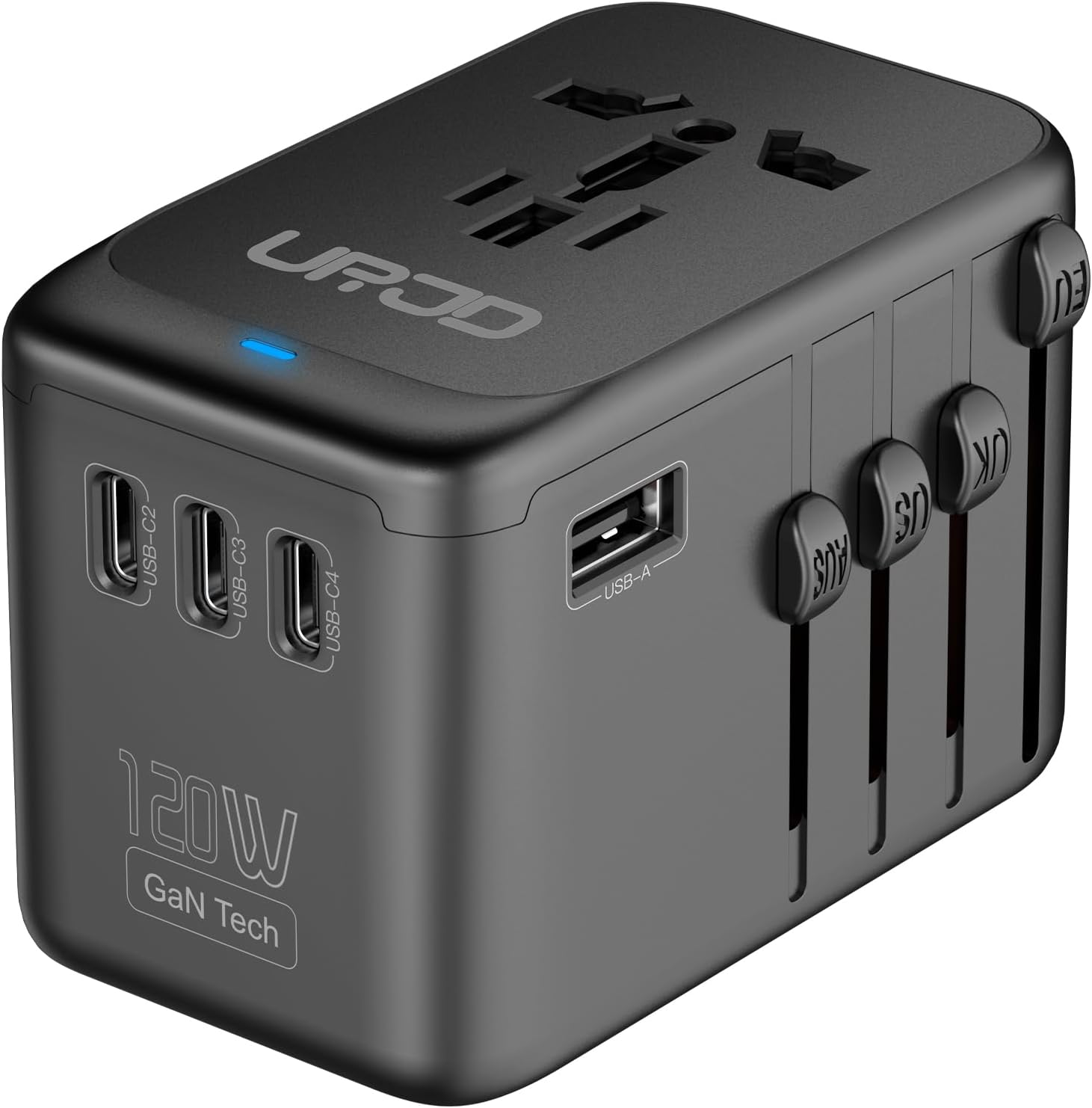 Universal travel adapter with GaN fast charging, multiple USB ports and AC outlet, silver finish — view 5a