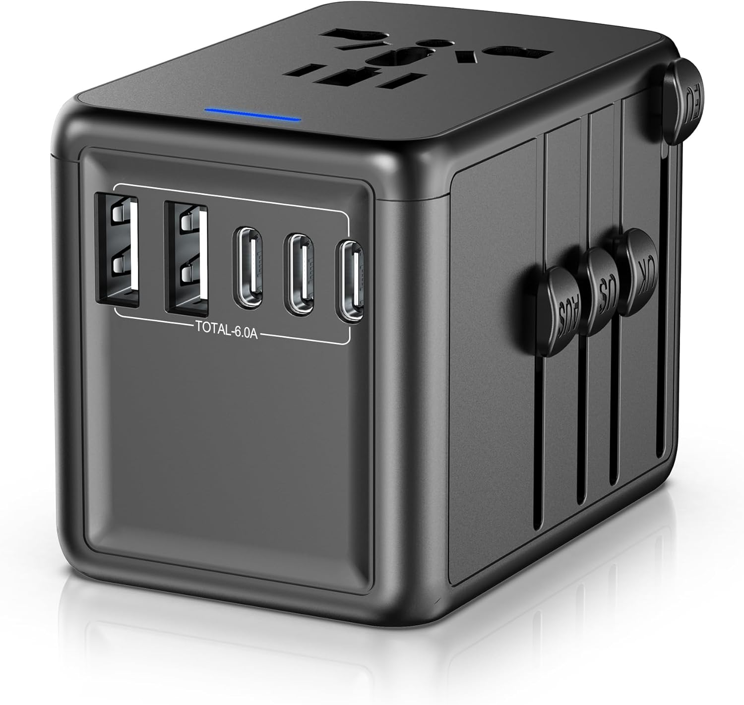 Universal travel adapter with GaN fast charging, multiple USB ports and AC outlet, silver finish — view 5b