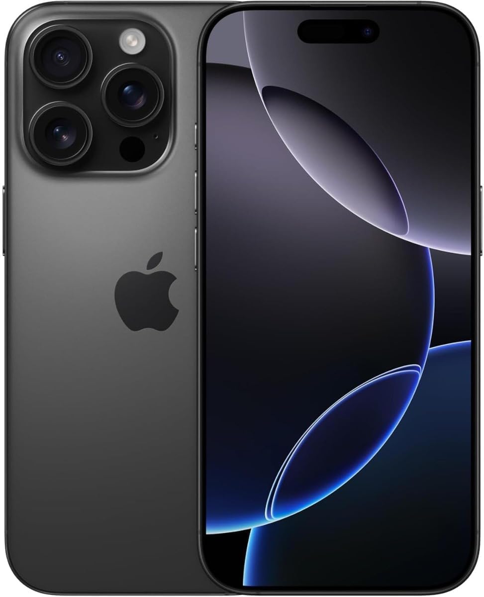 Apple iPhone 16 Pro Max in Black Titanium, front and back view showing premium glass and titanium build with Dynamic Island display โ front