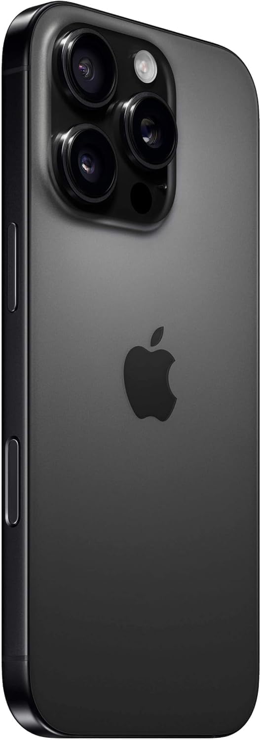 Apple iPhone 16 Pro Max in Black Titanium, front and back view showing premium glass and titanium build with Dynamic Island display โ side
