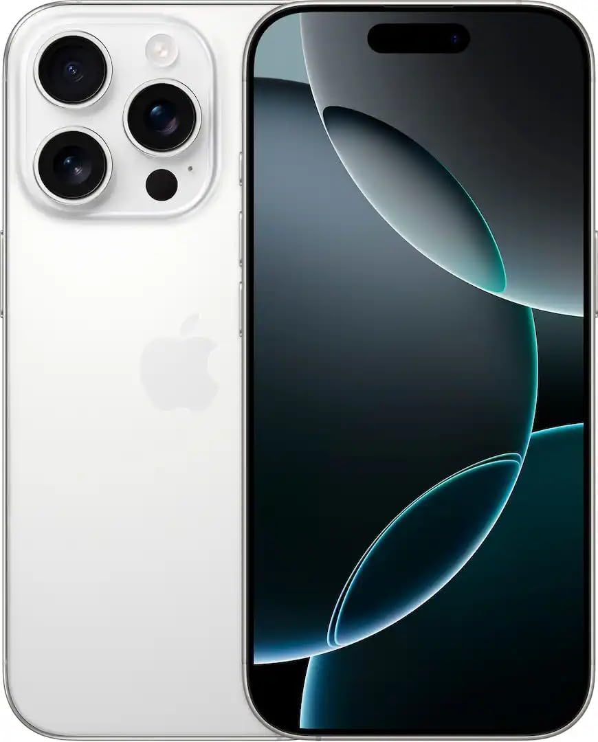 Apple iPhone 16 Pro Max in Black Titanium, front and back view showing premium glass and titanium build with Dynamic Island display — view 4