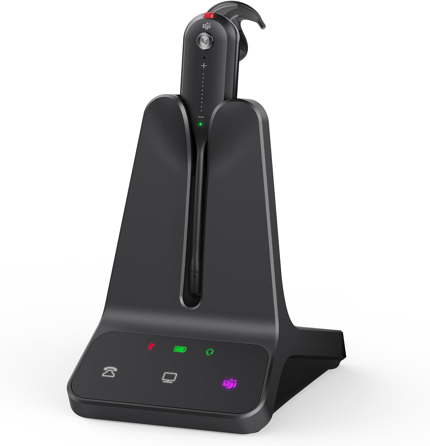 Over-ear DECT wireless headset with noise-cancelling microphone, shown in utilitarian black finish — view 1