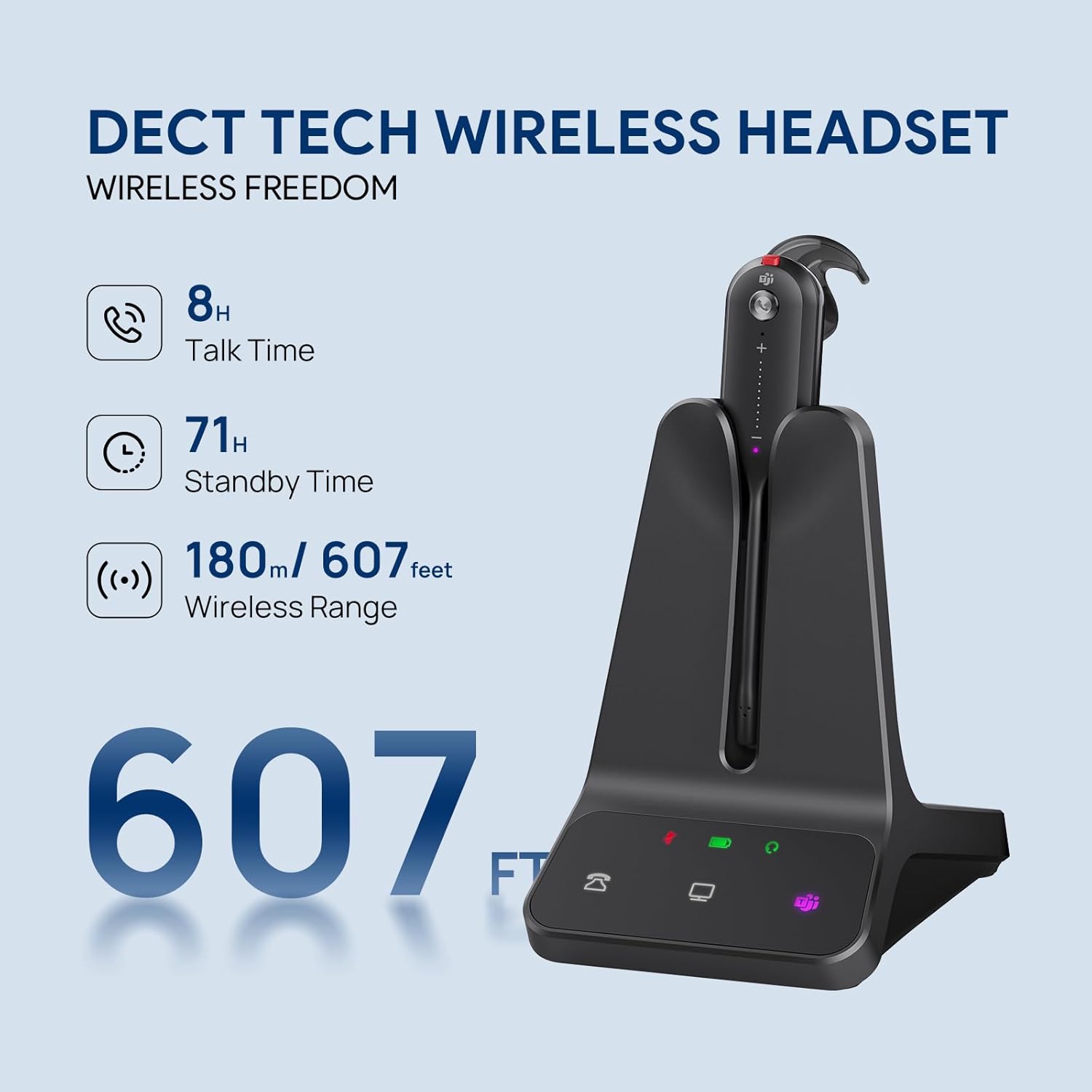 Over-ear DECT wireless headset with noise-cancelling microphone, shown in utilitarian black finish — view 2