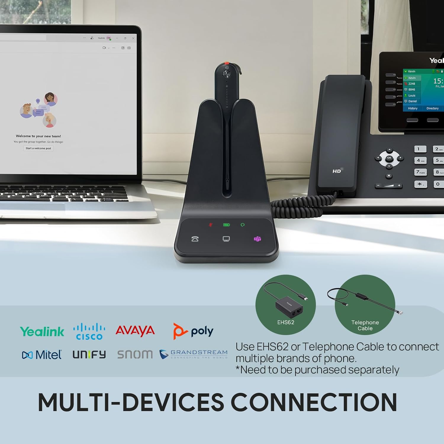Over-ear DECT wireless headset with noise-cancelling microphone, shown in utilitarian black finish — view 2
