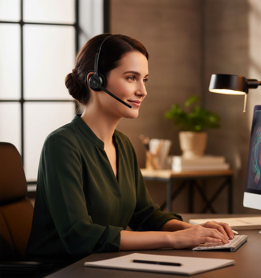 Over-ear DECT wireless headset with noise-cancelling microphone, shown in utilitarian black finish — view 2