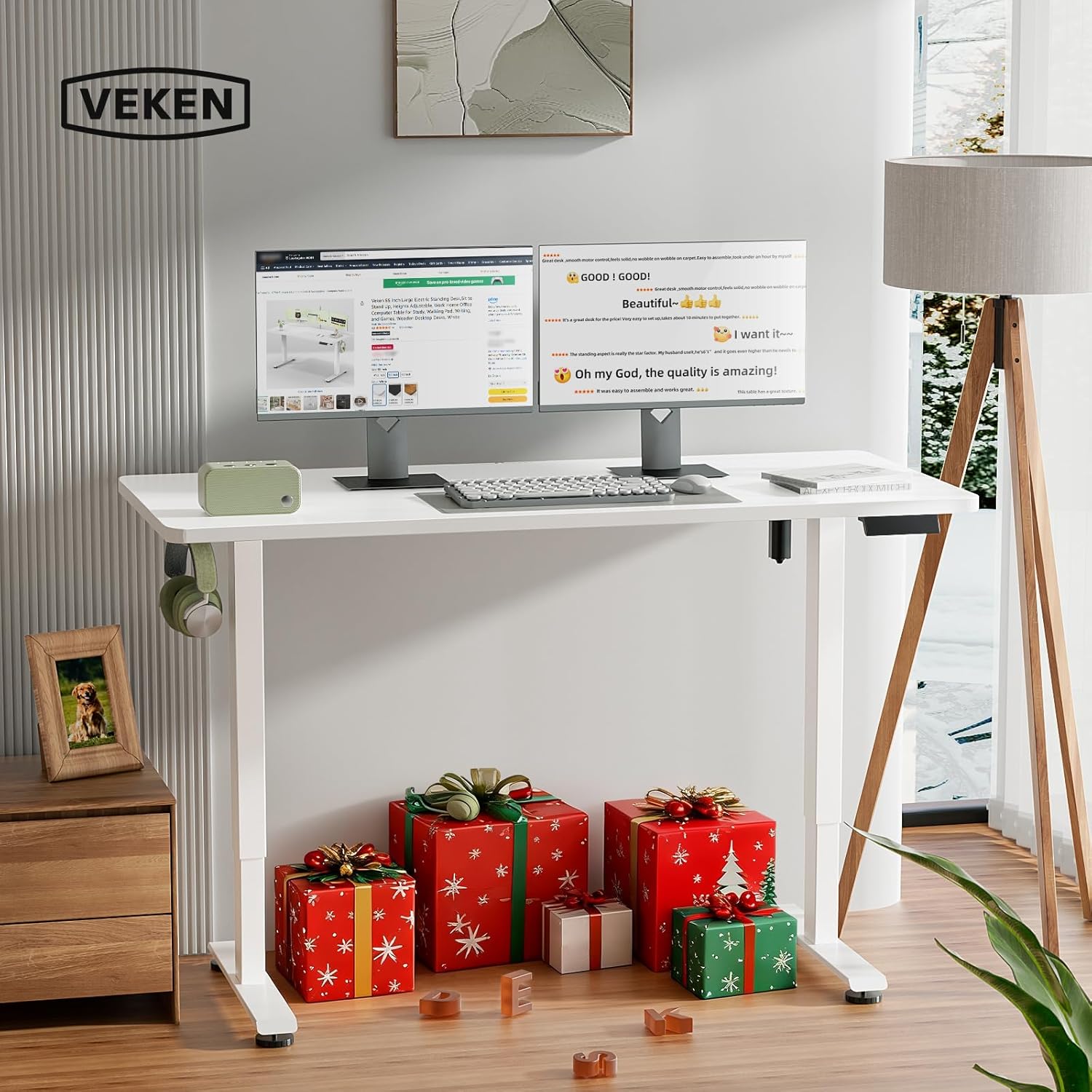 55-inch white electric standing desk with height-adjustable frame and wooden desktop — view 2