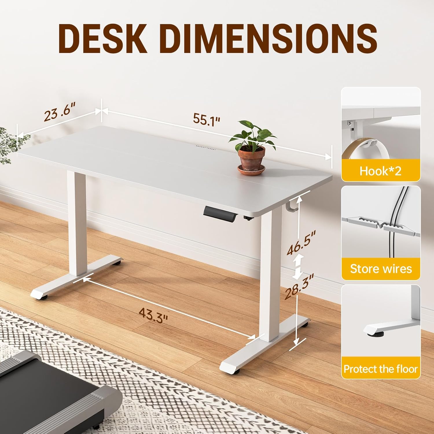 55-inch white electric standing desk with height-adjustable frame and wooden desktop — view 3