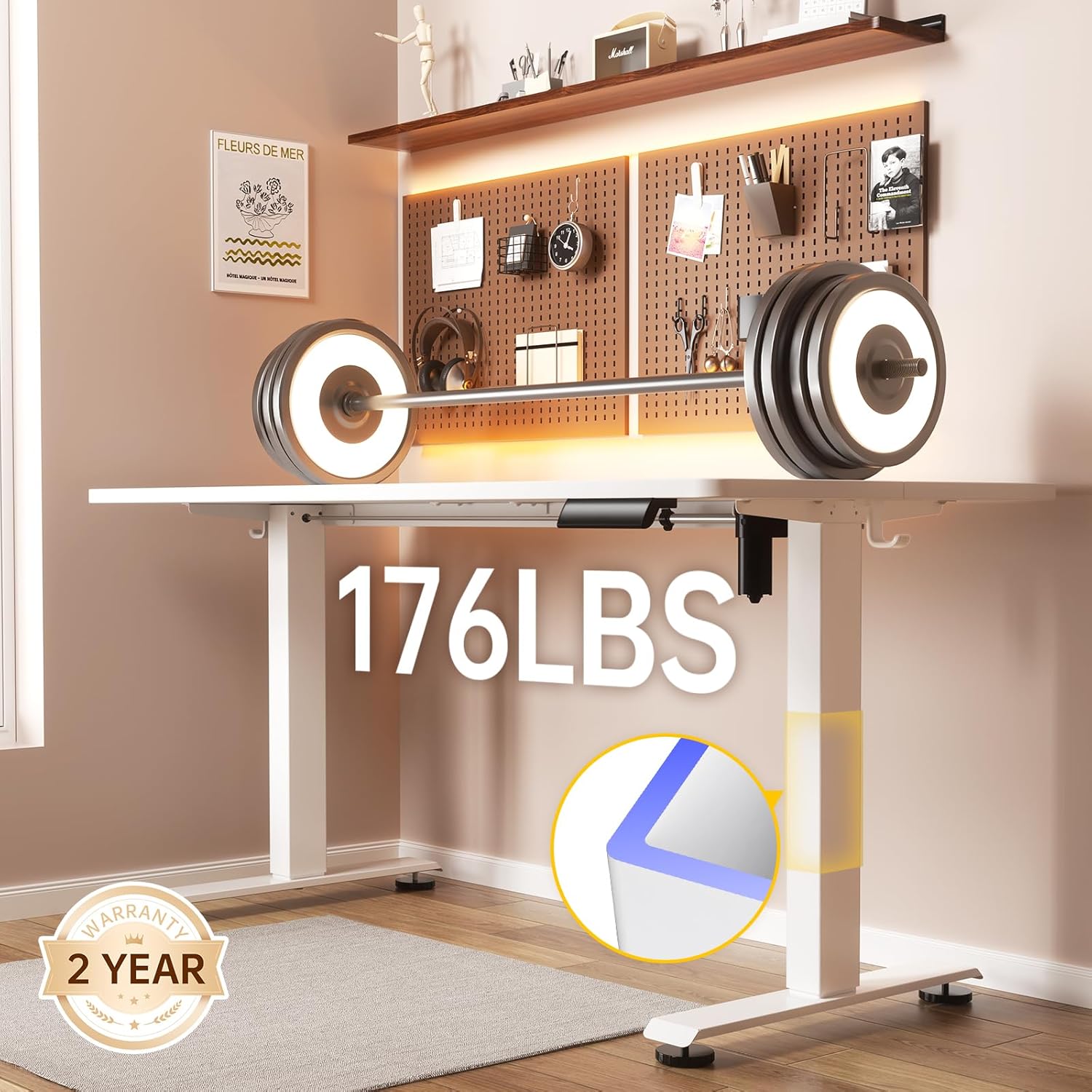 55-inch white electric standing desk with height-adjustable frame and wooden desktop — view 4
