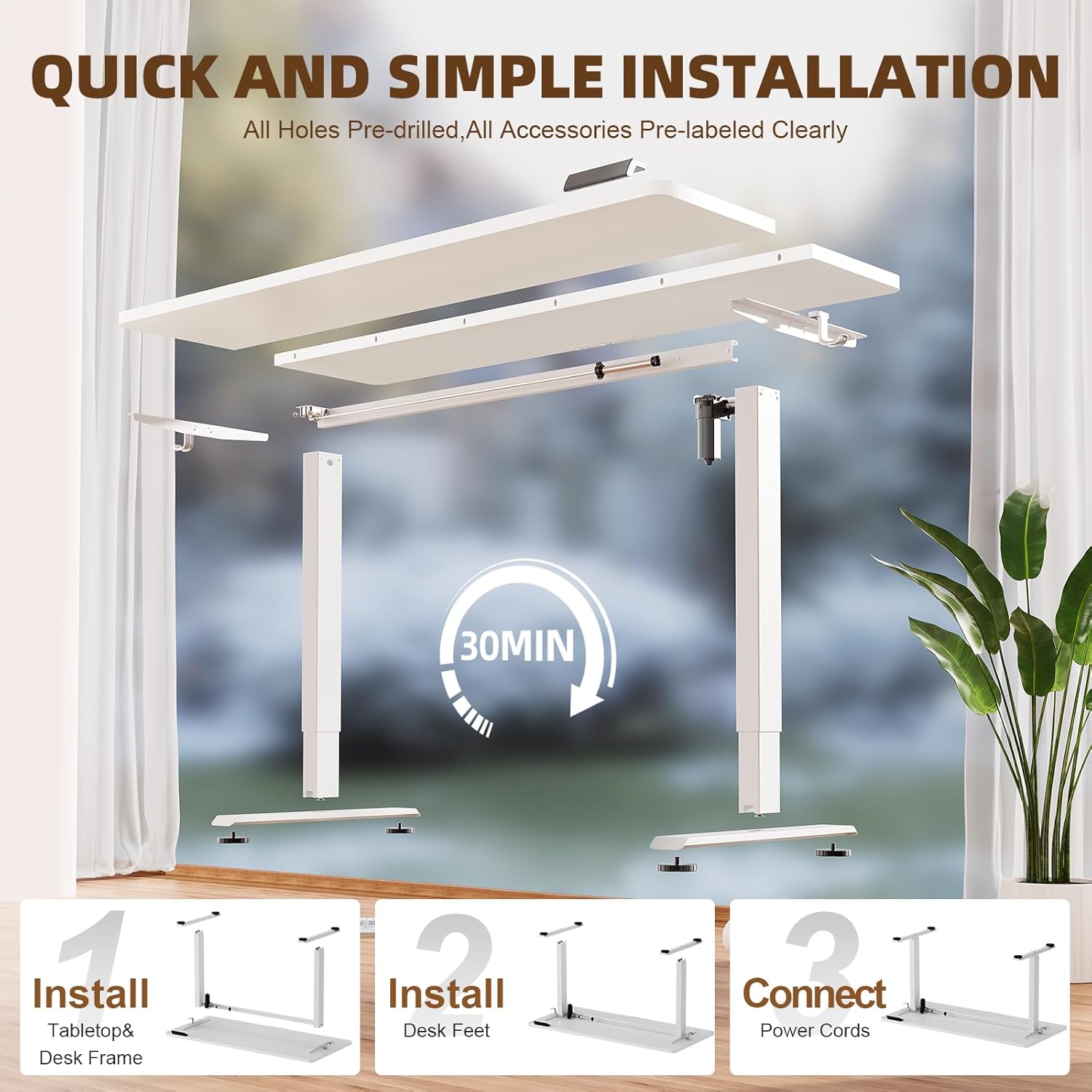 55-inch white electric standing desk with height-adjustable frame and wooden desktop — view 2
