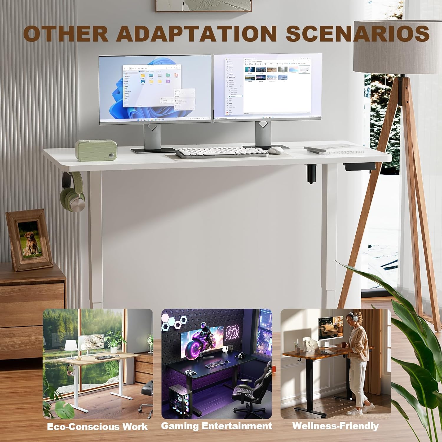 55-inch white electric standing desk with height-adjustable frame and wooden desktop — view 3