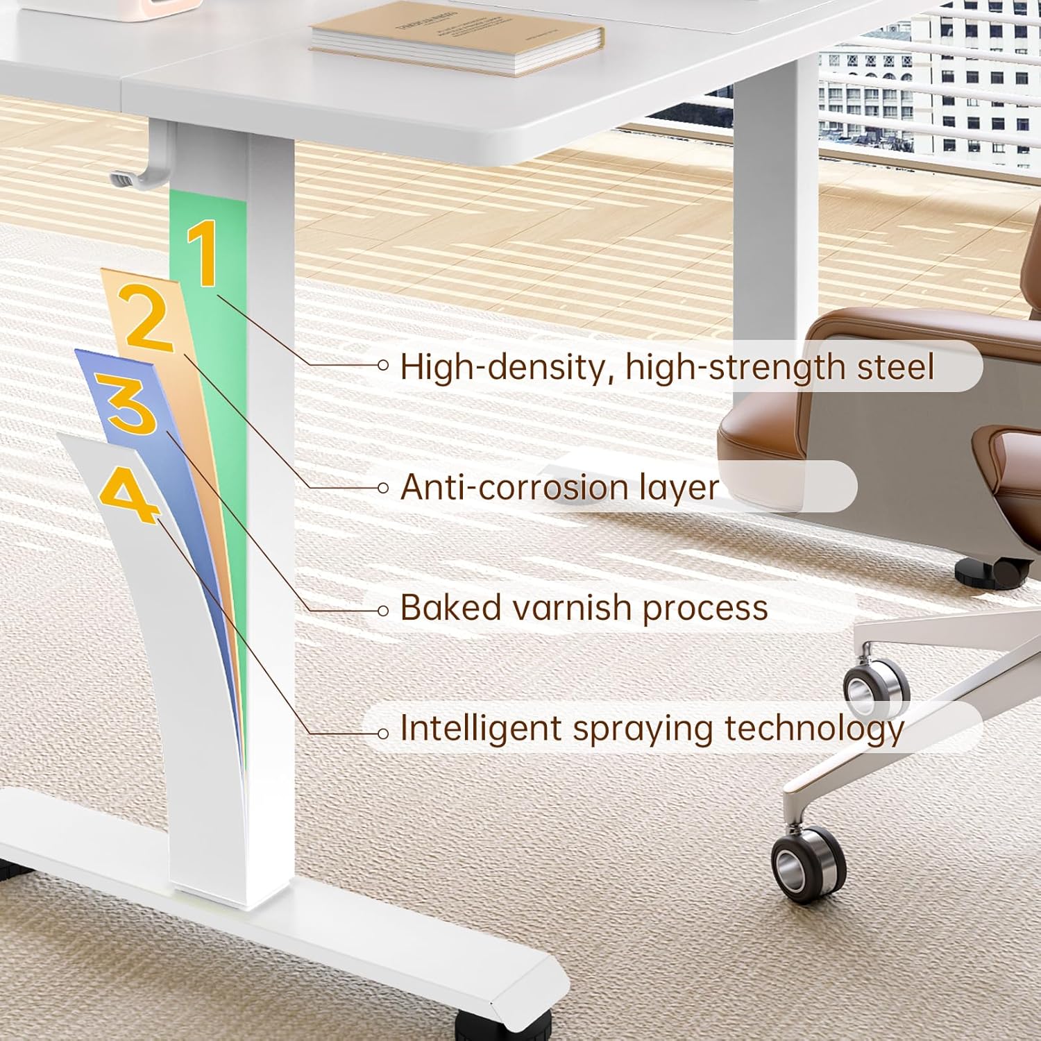 55-inch white electric standing desk with height-adjustable frame and wooden desktop — view 4