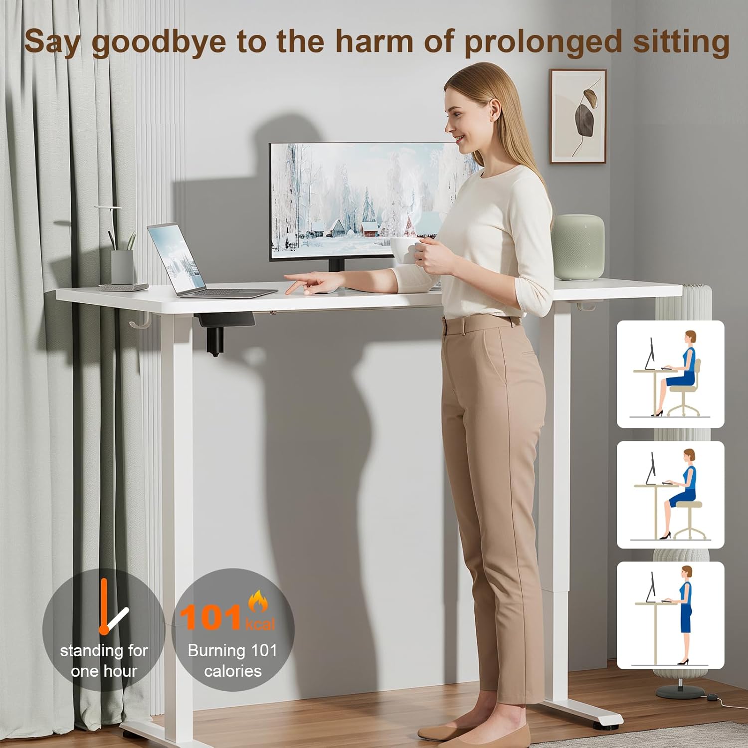 55-inch white electric standing desk with height-adjustable frame and wooden desktop — view 5