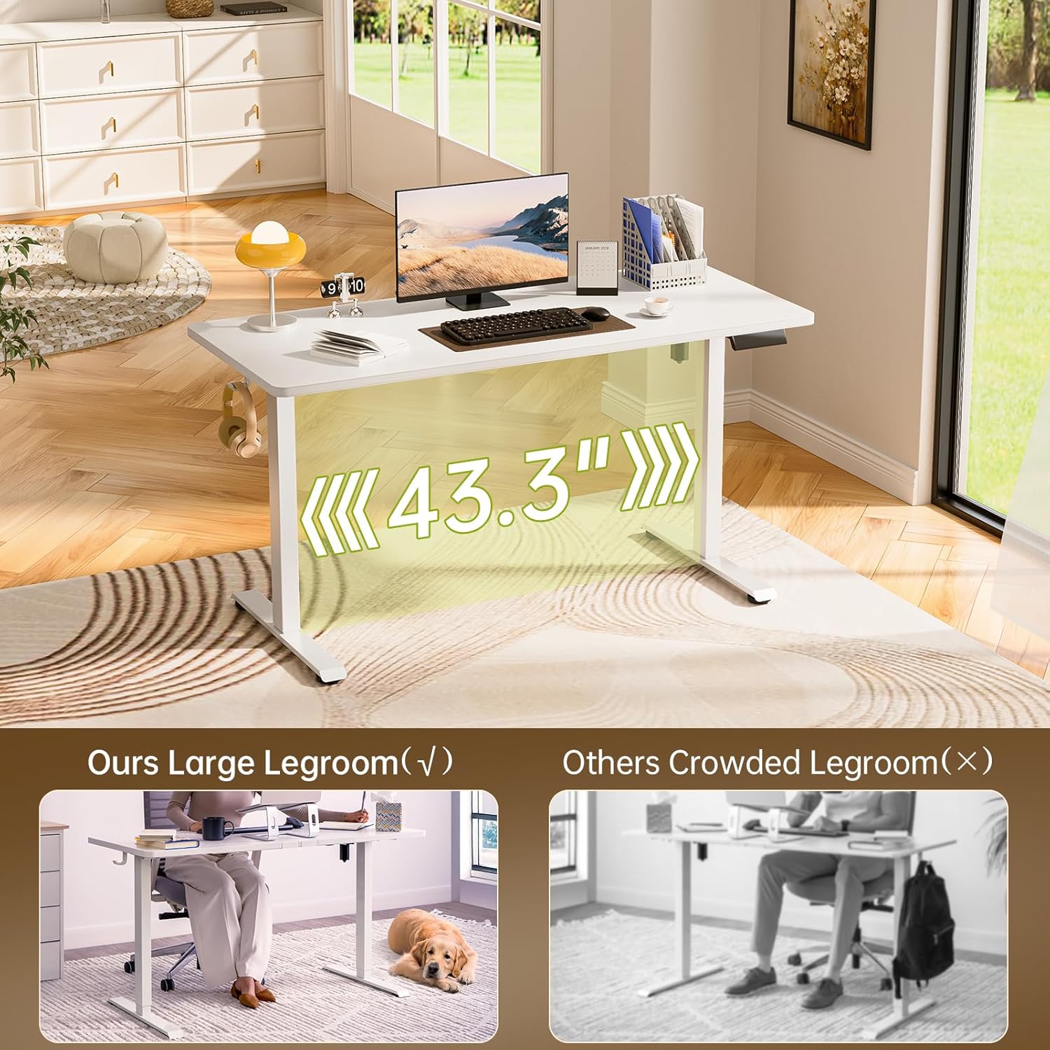 55-inch white electric standing desk with height-adjustable frame and wooden desktop — view 3a