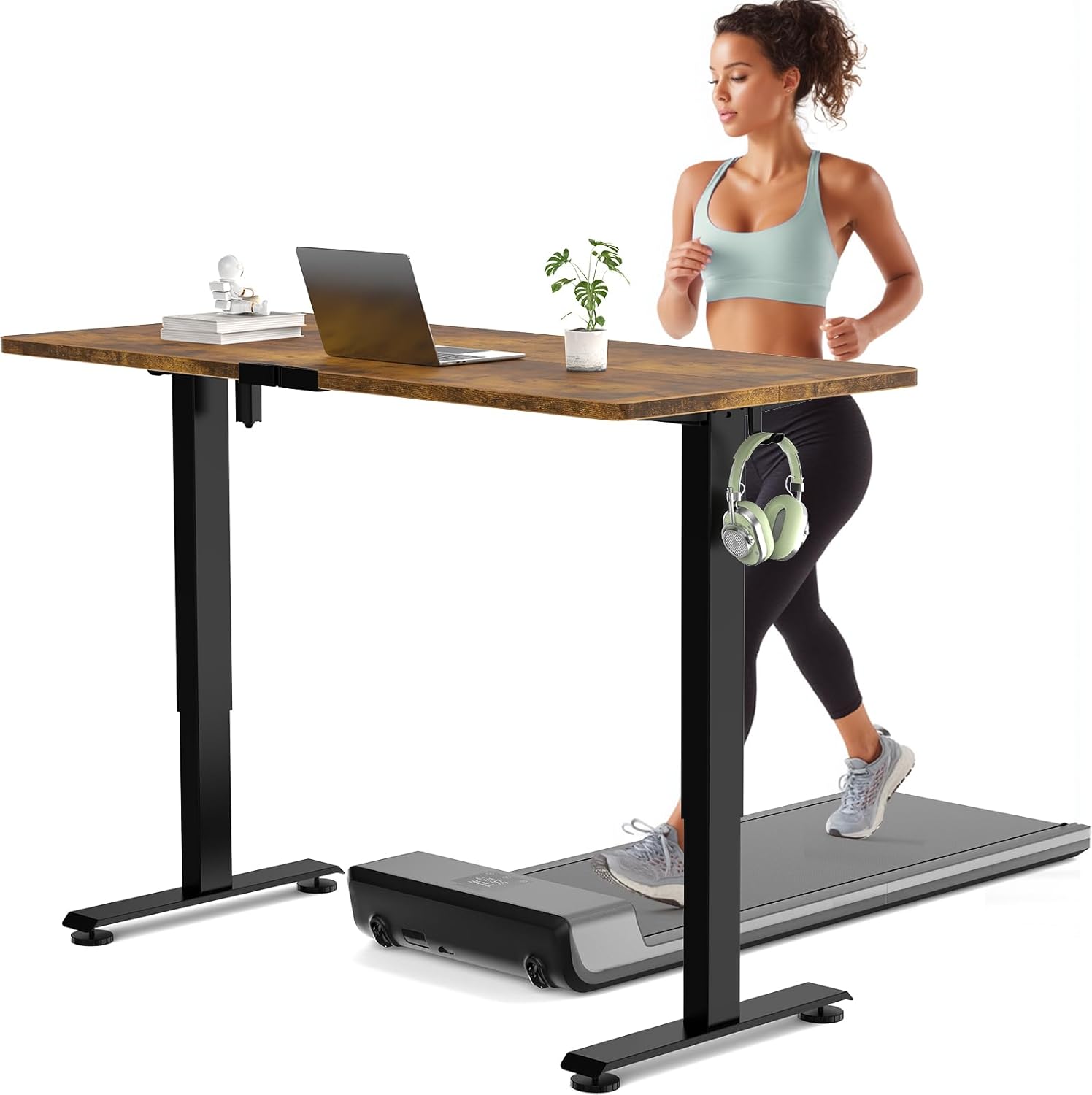 55-inch white electric standing desk with height-adjustable frame and wooden desktop — view 3b