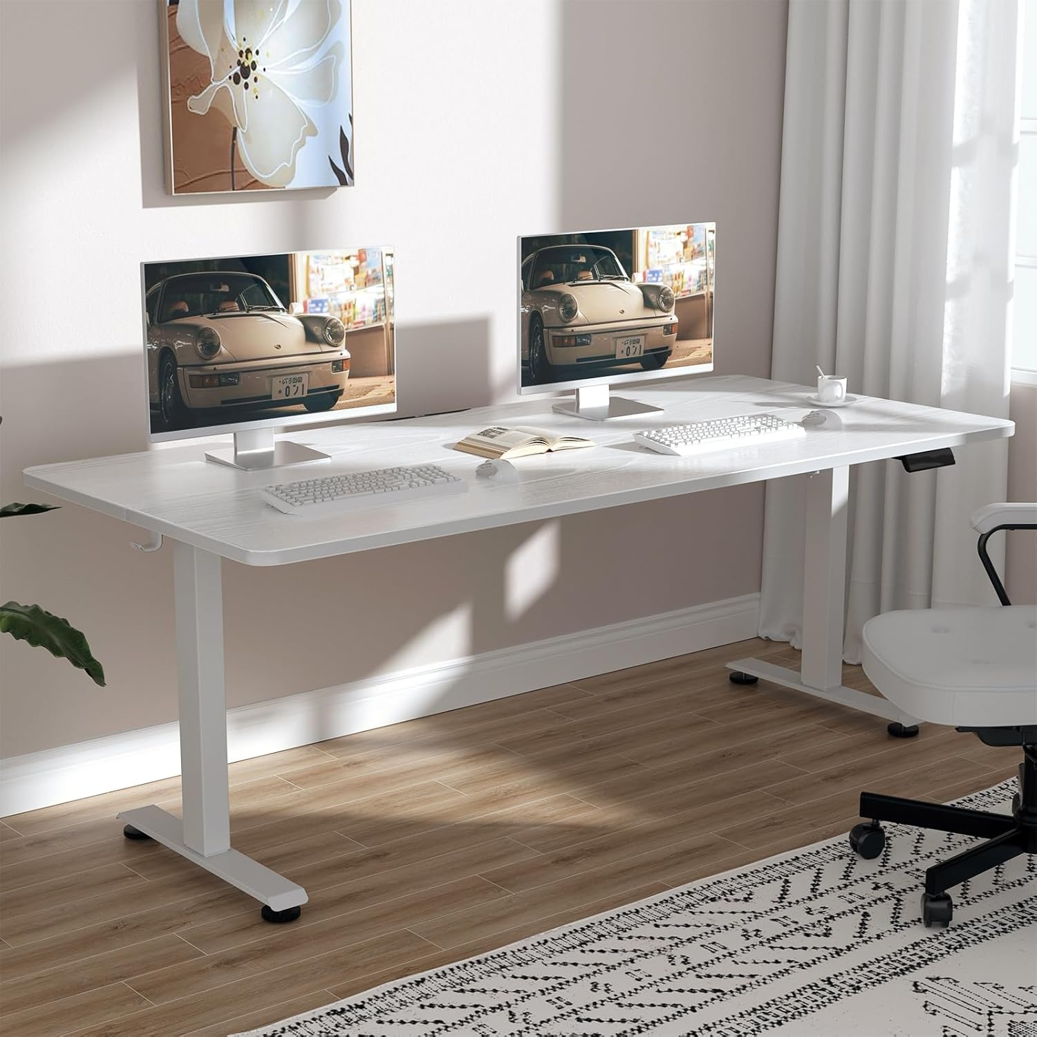 55-inch white electric standing desk with height-adjustable frame and wooden desktop — view 5a