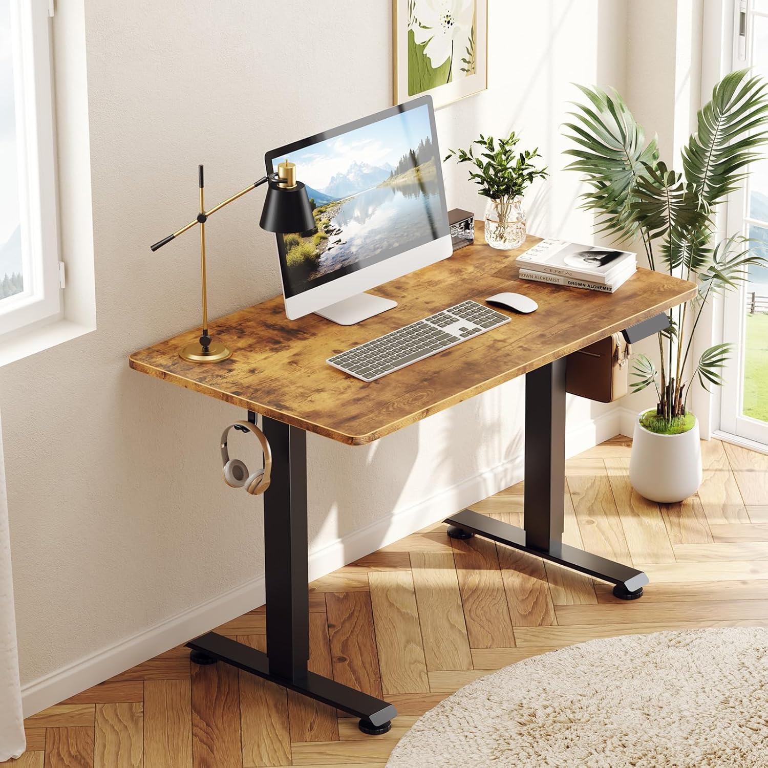 55-inch white electric standing desk with height-adjustable frame and wooden desktop — view 7a